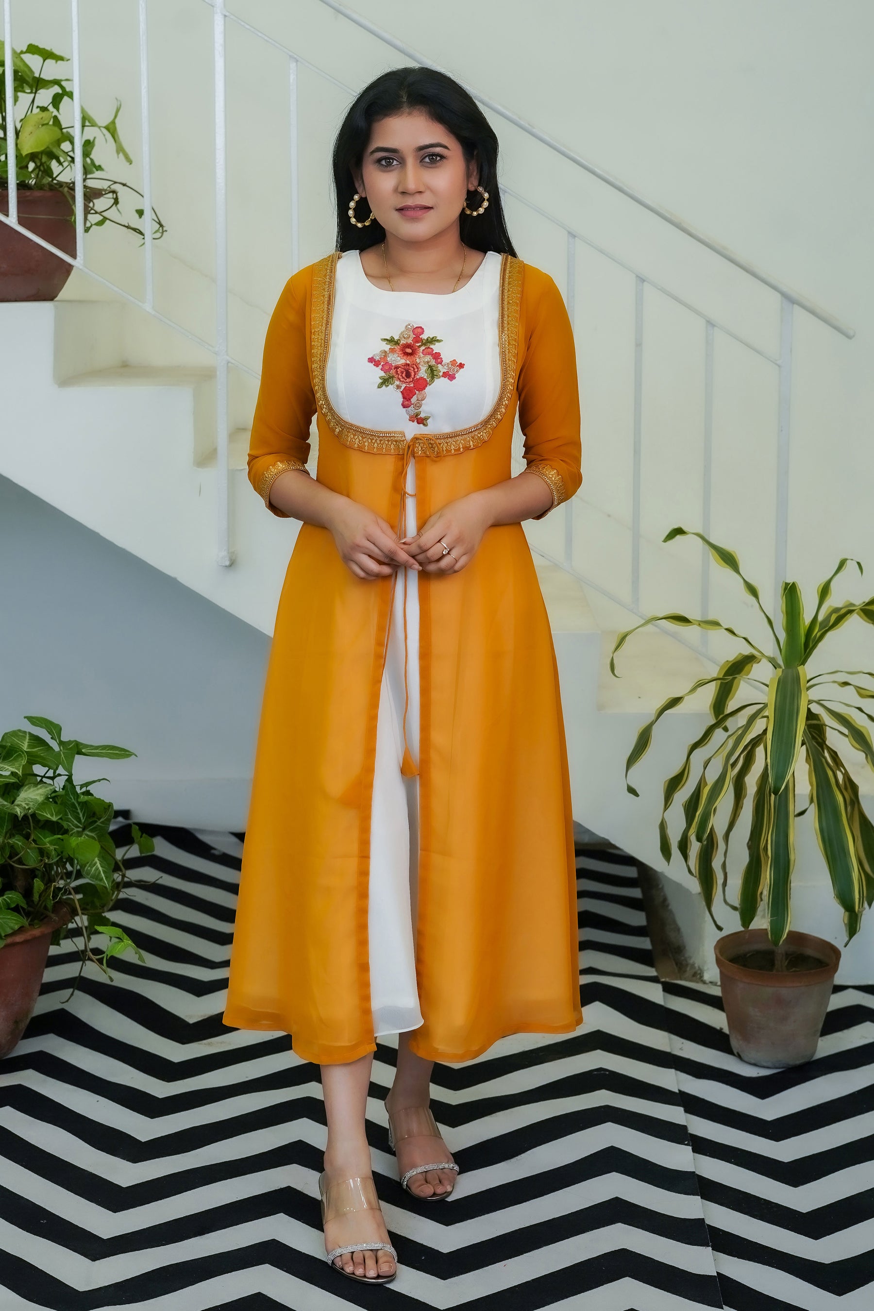 White Exclusive Dress with Yellow Ochre Shrug - Keya Seth Exclusive