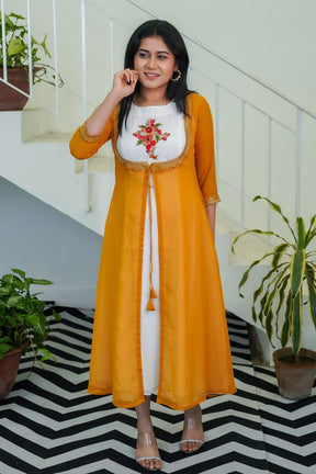 White Exclusive Dress with Yellow Ochre Shrug - Keya Seth Exclusive