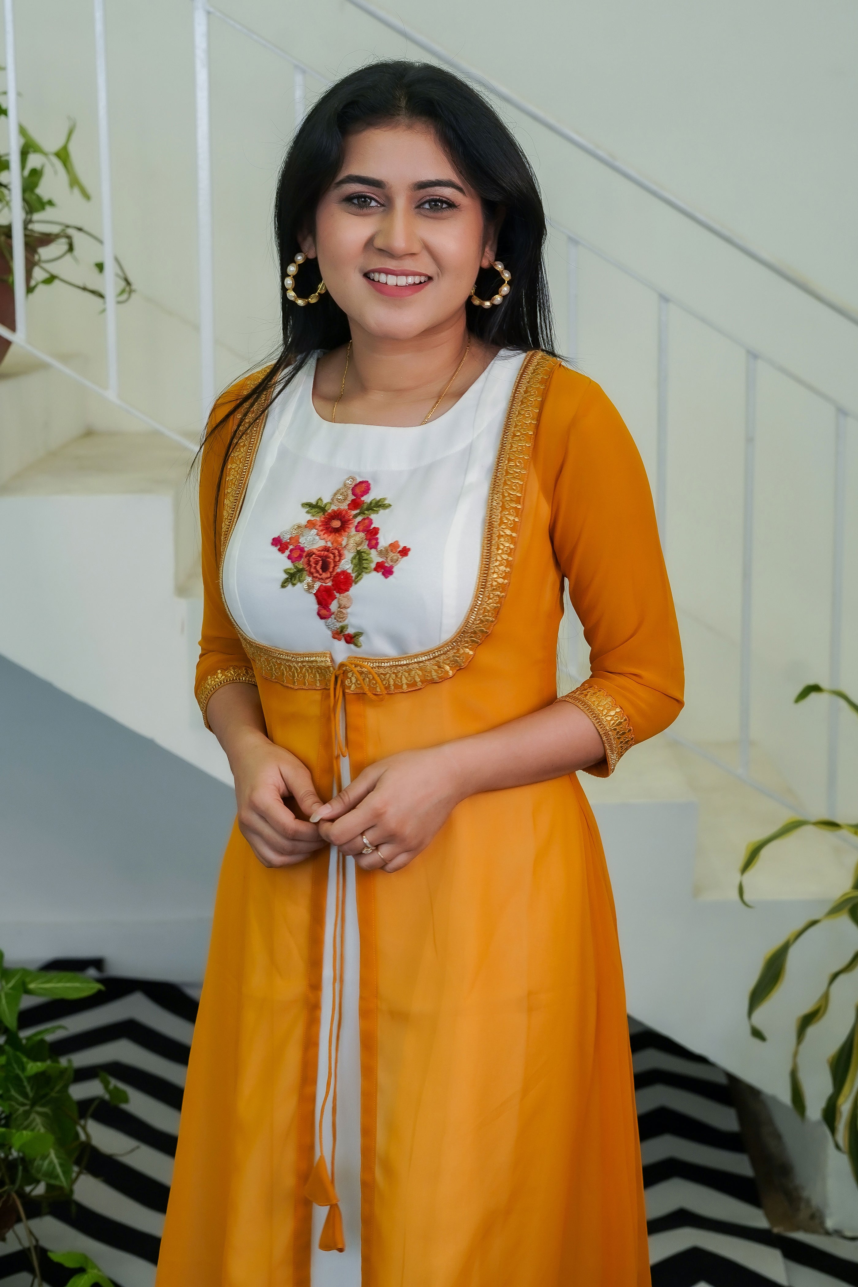 White Exclusive Dress with Yellow Ochre Shrug - Keya Seth Exclusive