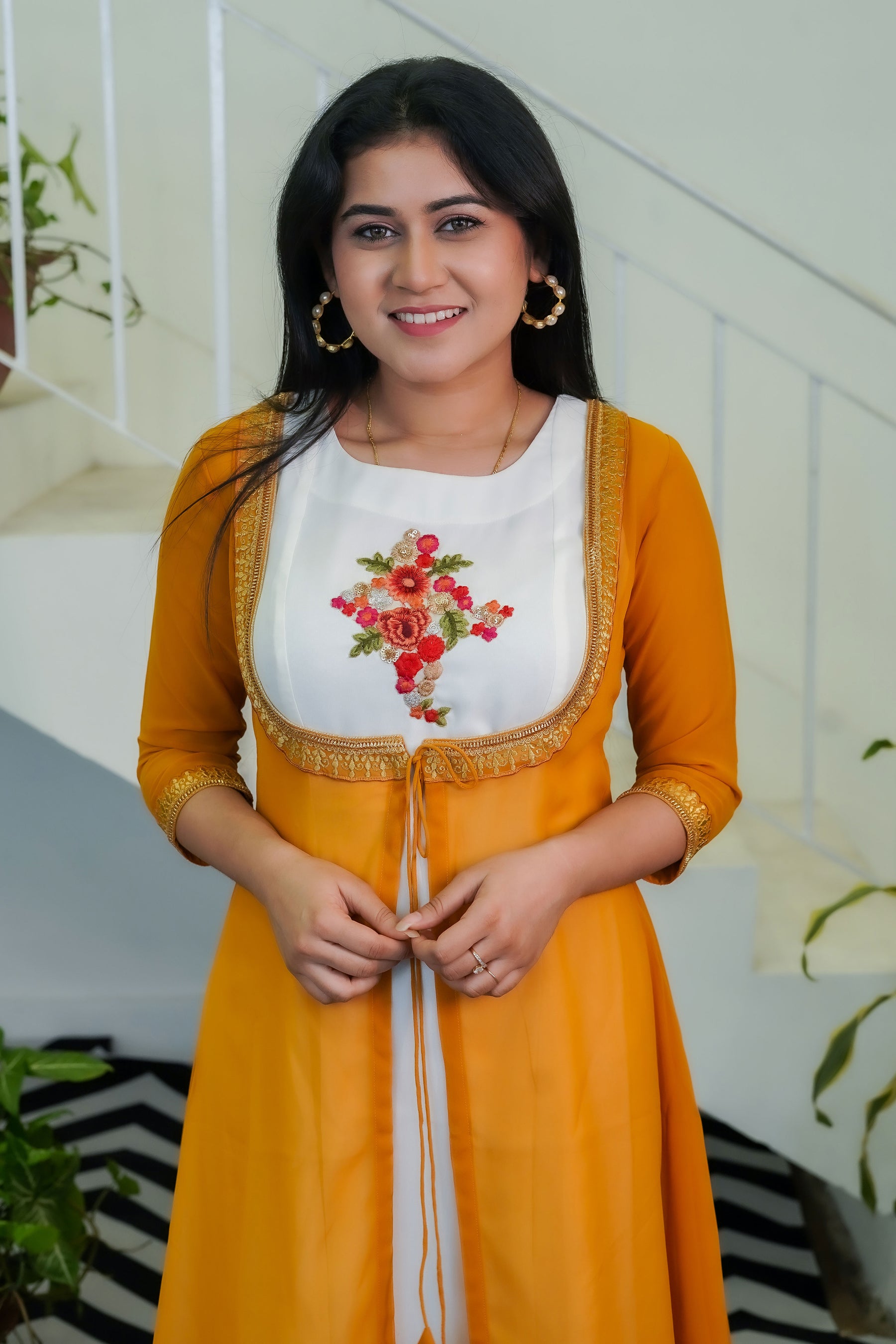 White Exclusive Dress with Yellow Ochre Shrug - Keya Seth Exclusive