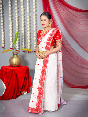 White and Red Blended Kota Saree With Printed Pallu - Keya Seth Exclusive