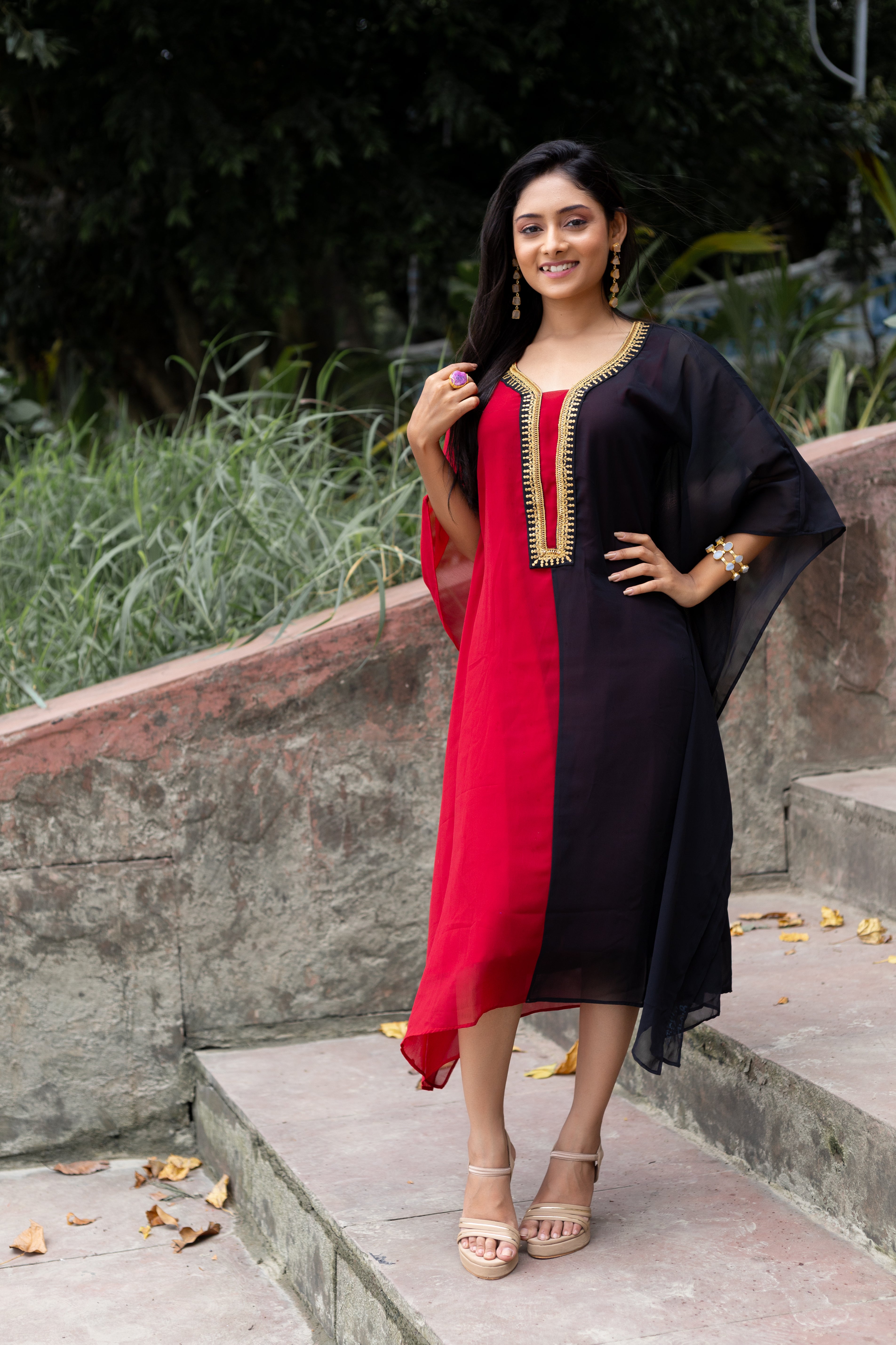 Women's Maroon and Black Georgette Kaftan - Keya Seth Exclusive