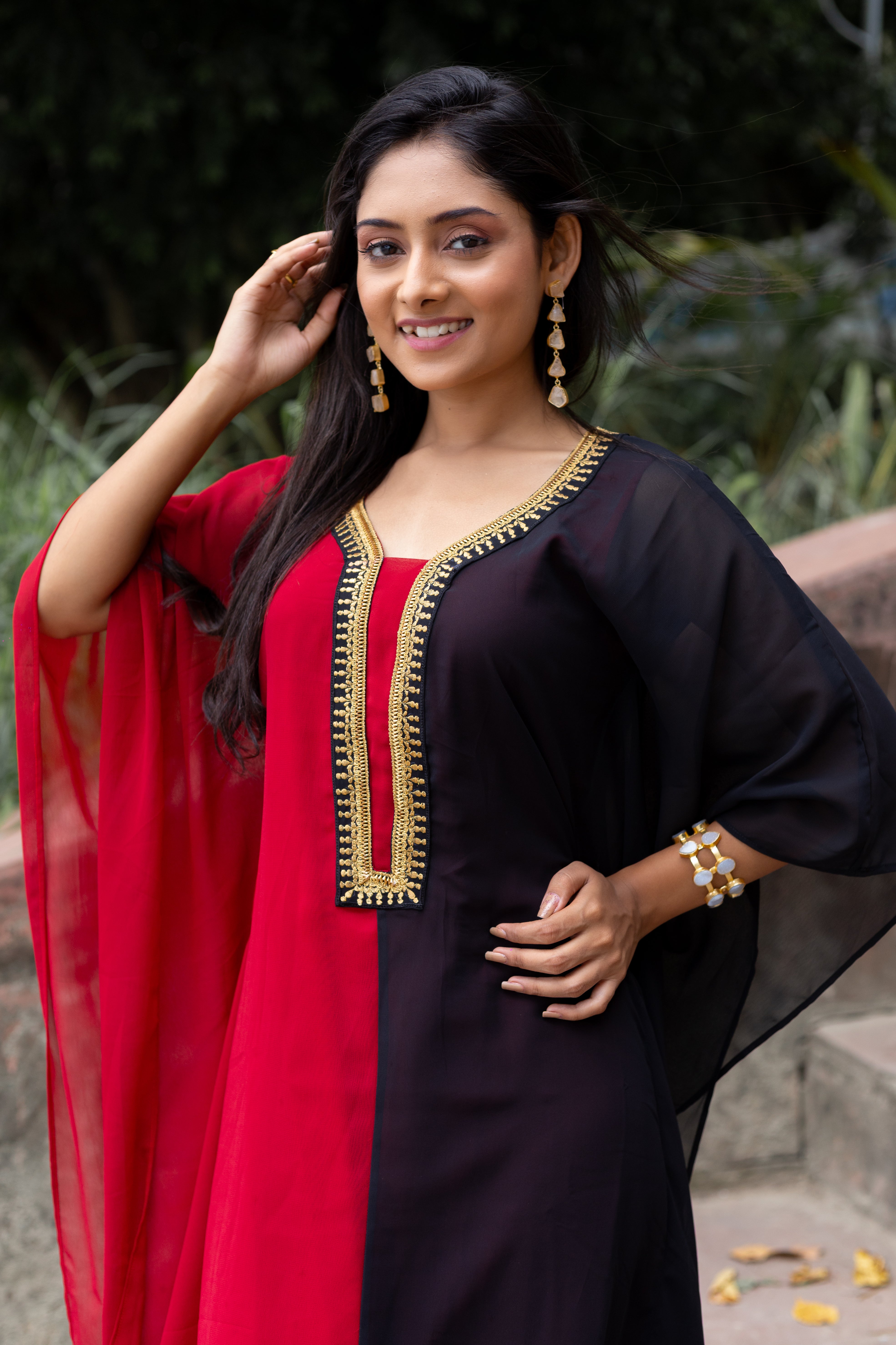Women's Maroon and Black Georgette Kaftan - Keya Seth Exclusive
