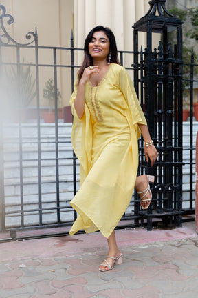 Women's Lemon Yellow Georgette Kaftan - Keya Seth Exclusive