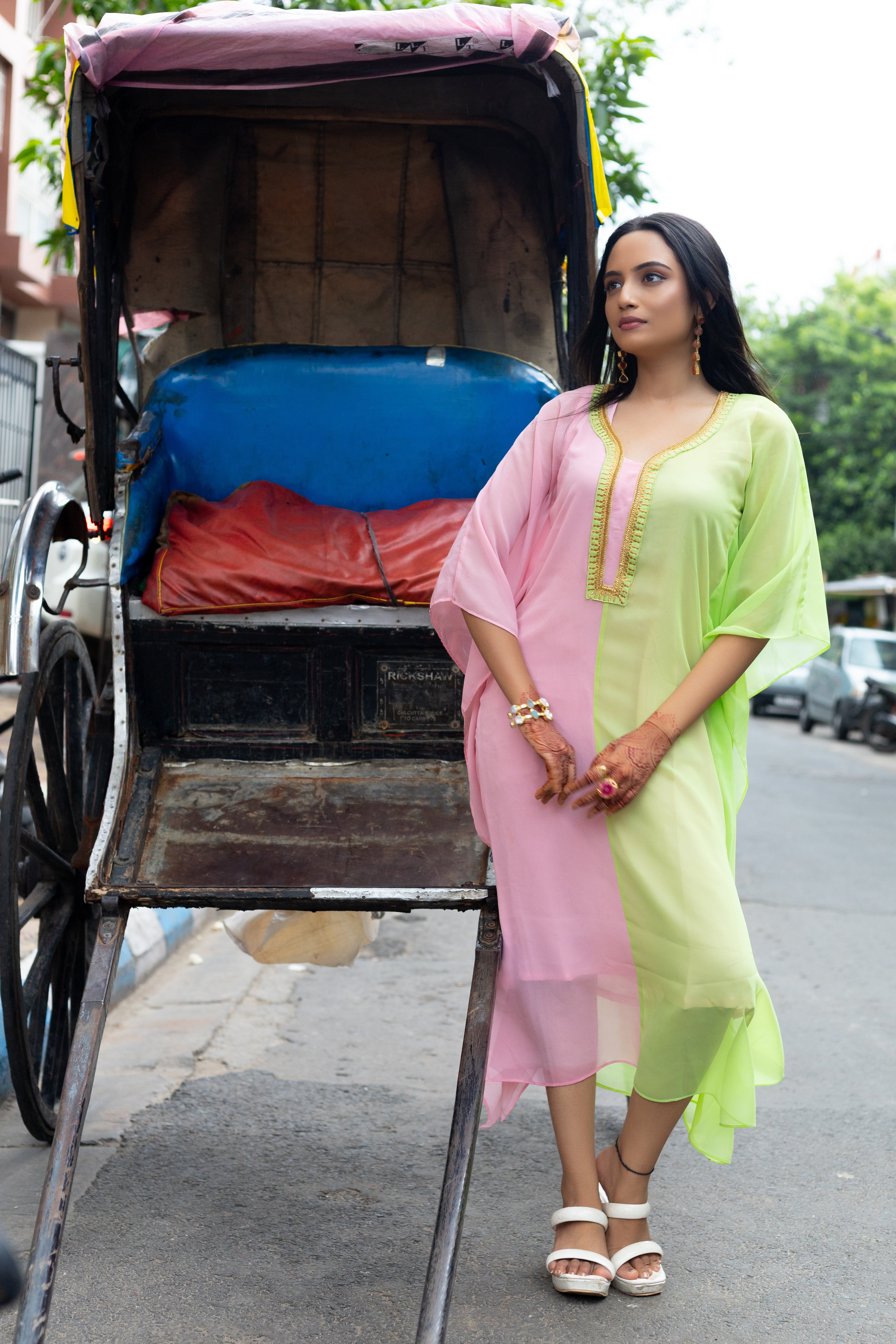 Women's Pink and Light Green Georgette Kaftan - Keya Seth Exclusive