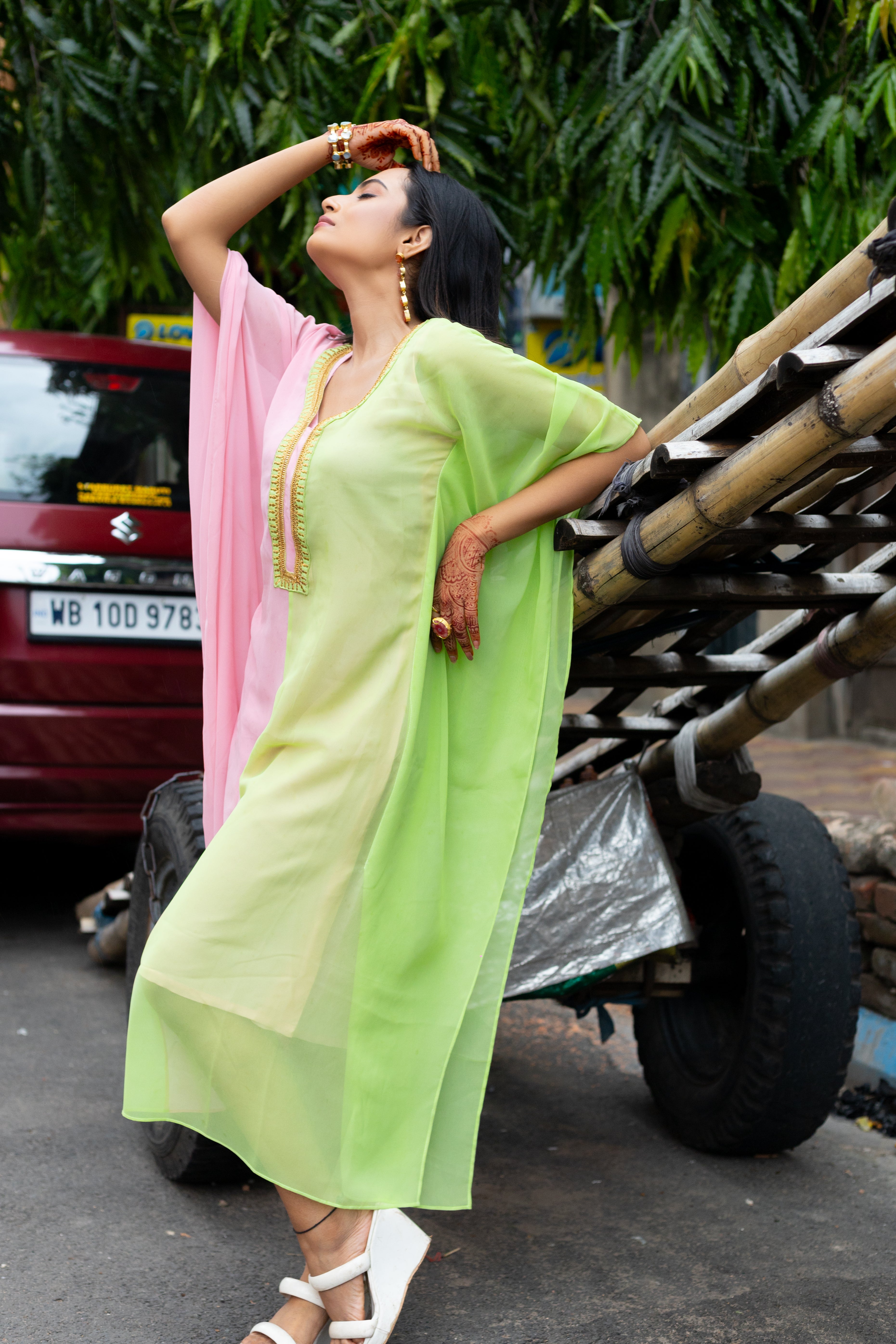Women's Pink and Light Green Georgette Kaftan - Keya Seth Exclusive