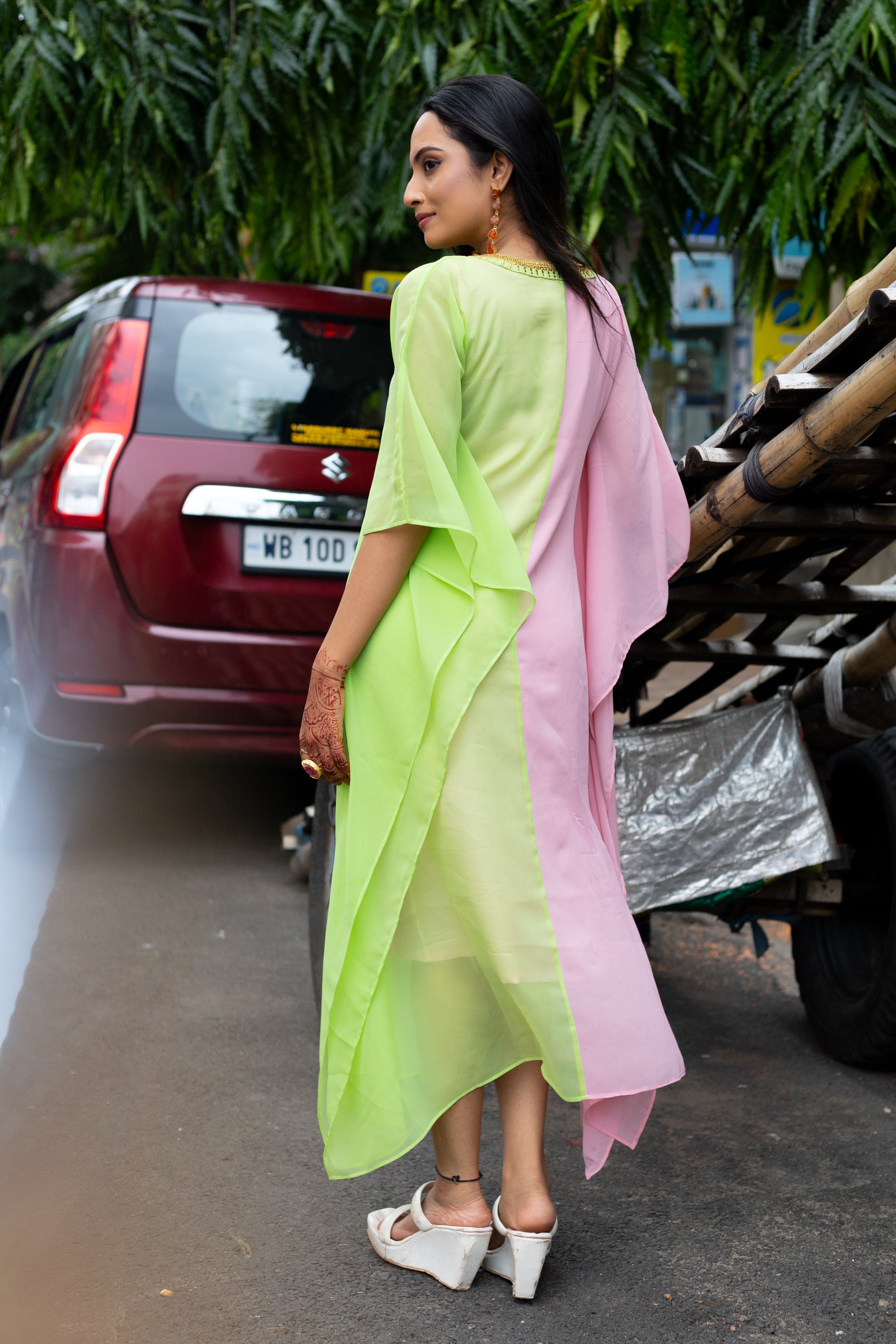 Women's Pink and Light Green Georgette Kaftan - Keya Seth Exclusive