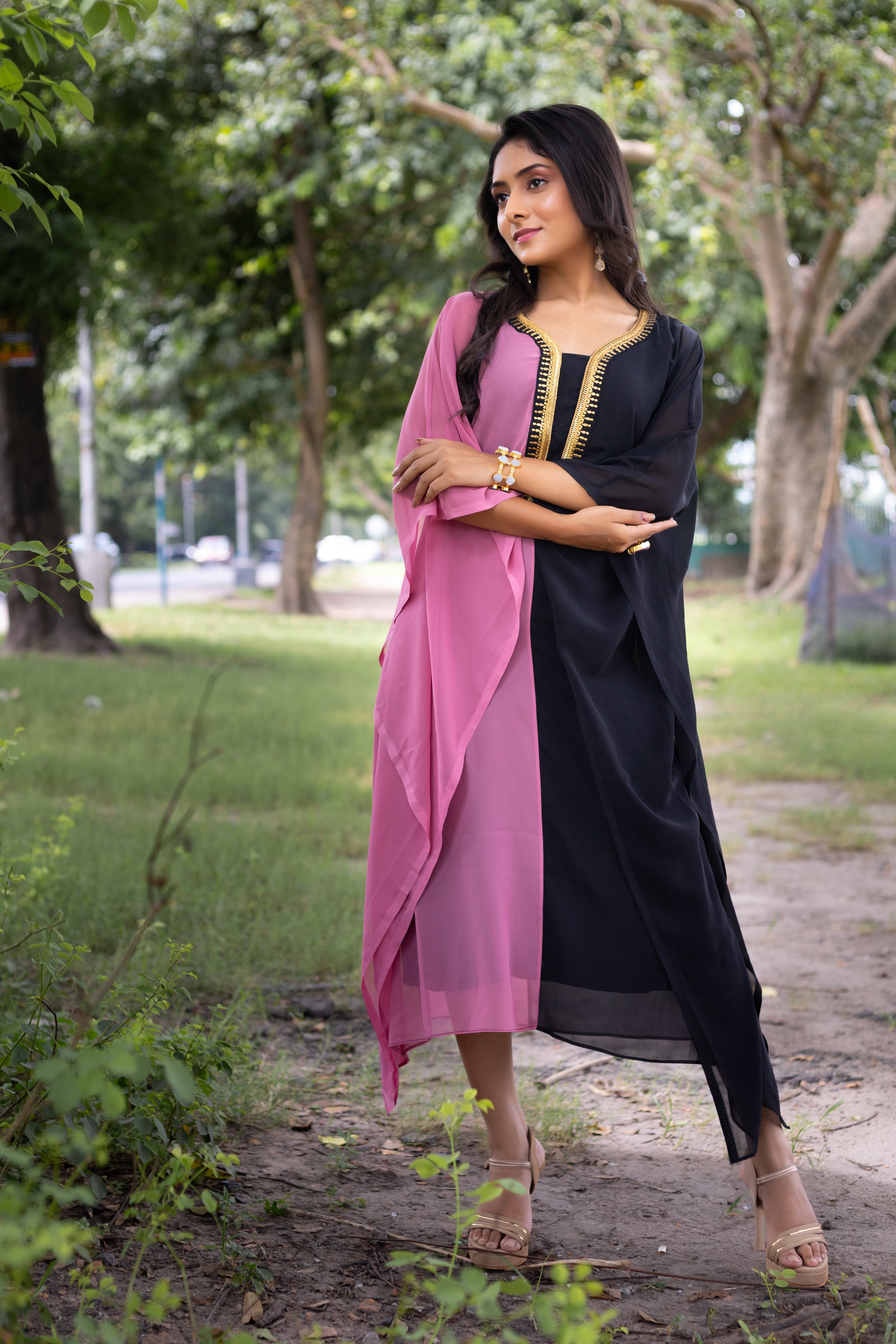 Women's Rose Pink and Black Georgette Kaftan - Keya Seth Exclusive