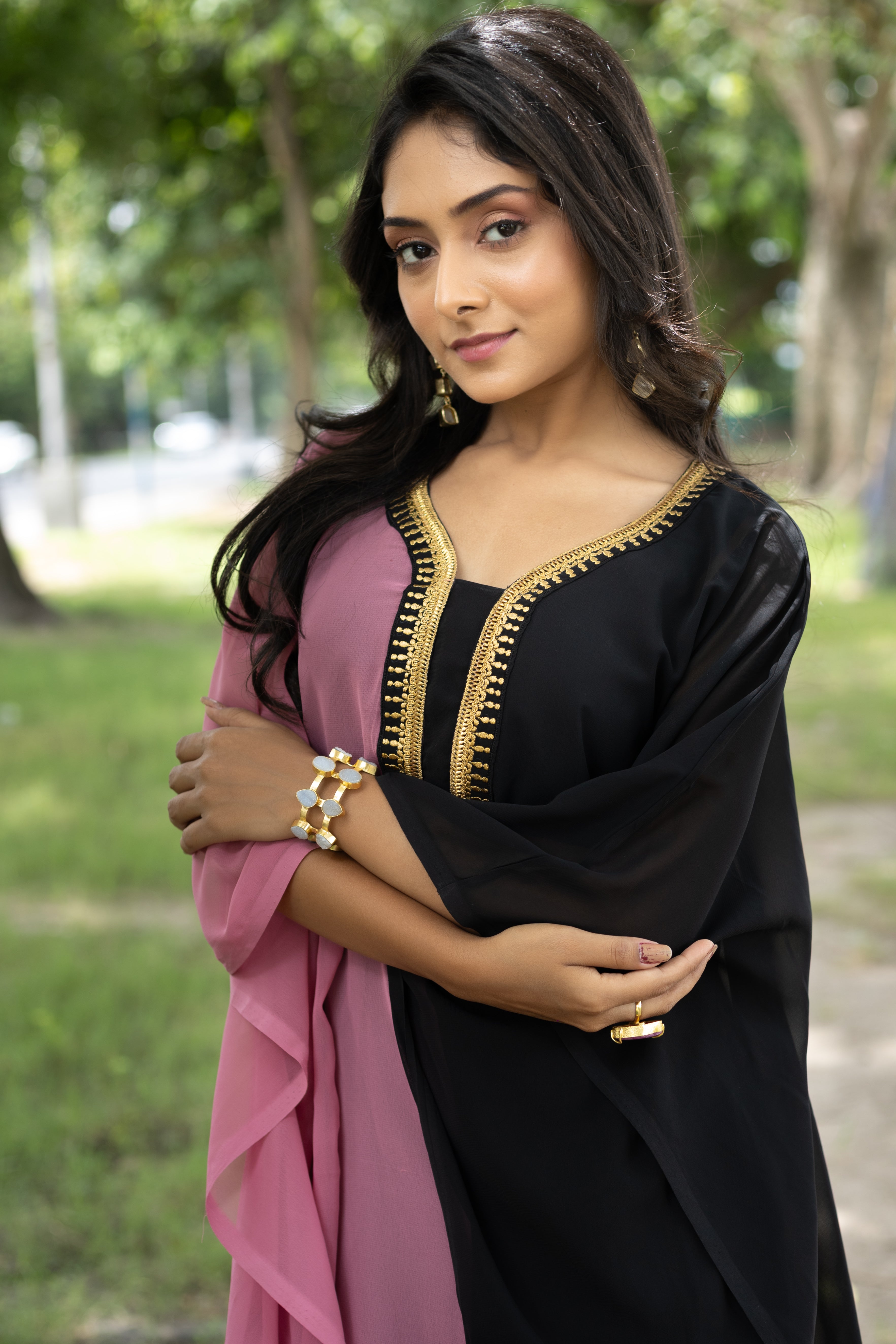 Women's Rose Pink and Black Georgette Kaftan - Keya Seth Exclusive