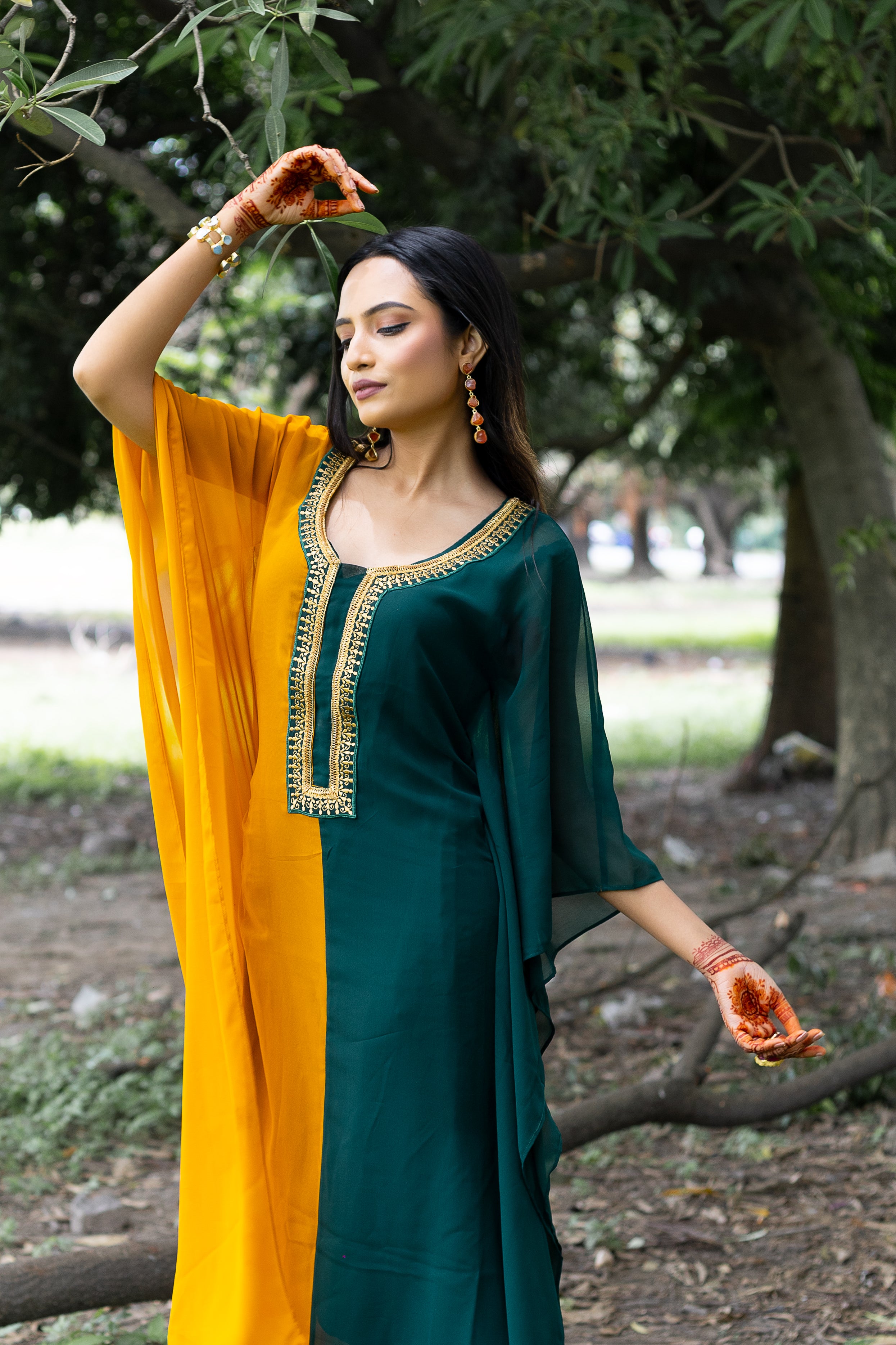 Women's Mustard and Bottle Green Georgette Kaftan - Keya Seth Exclusive