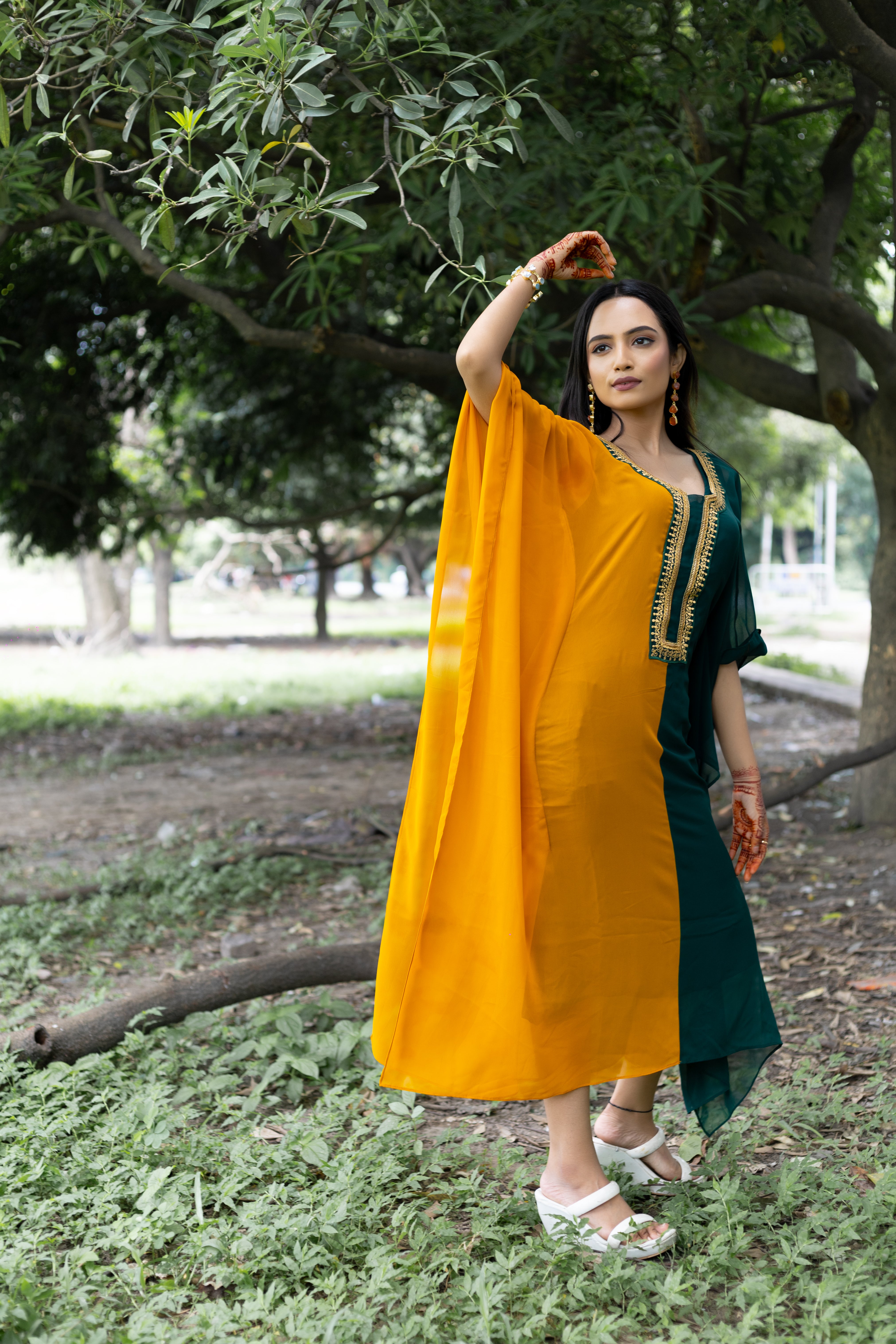 Women's Mustard and Bottle Green Georgette Kaftan - Keya Seth Exclusive