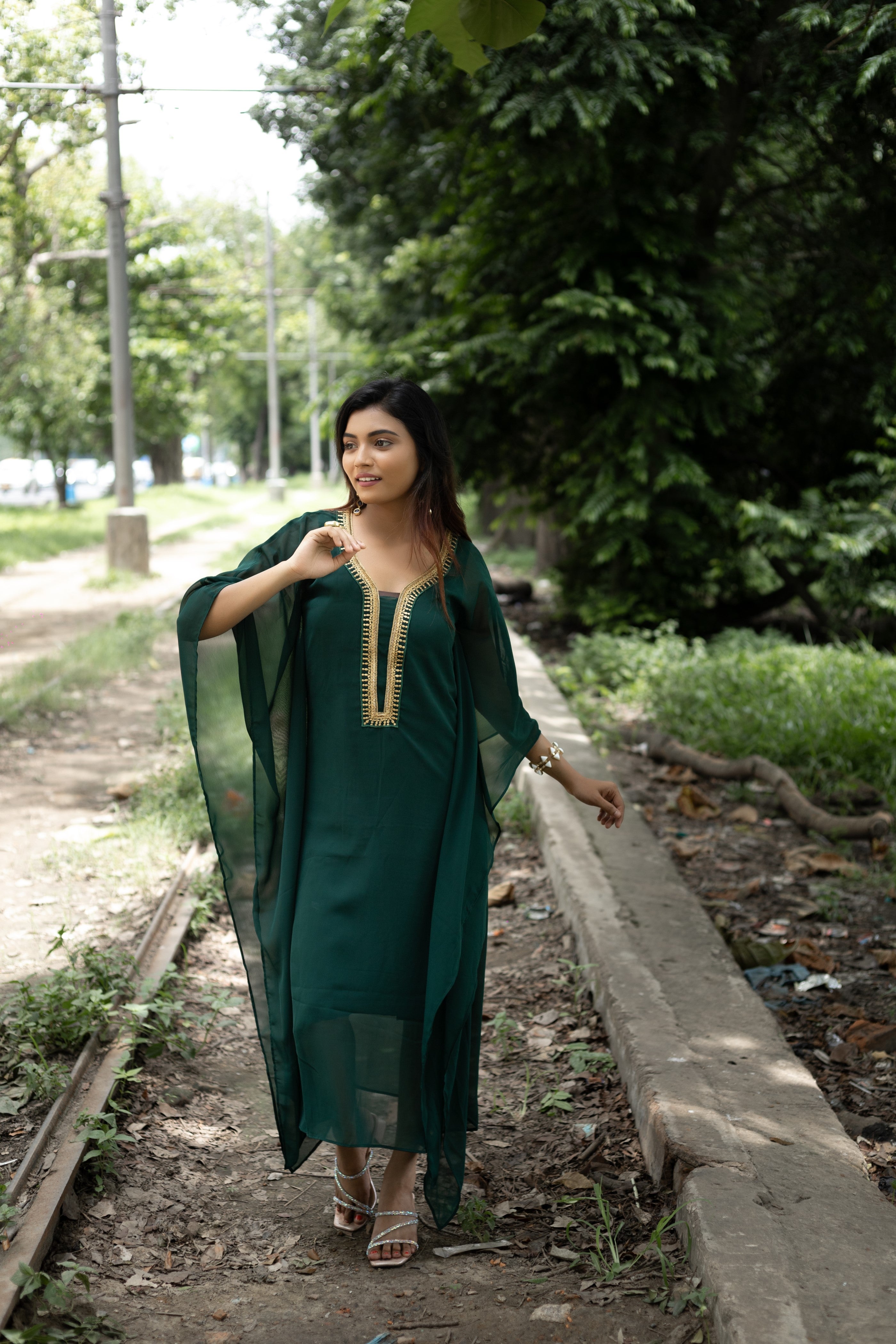 Women's Bottle Green Georgette Kaftan - Keya Seth Exclusive
