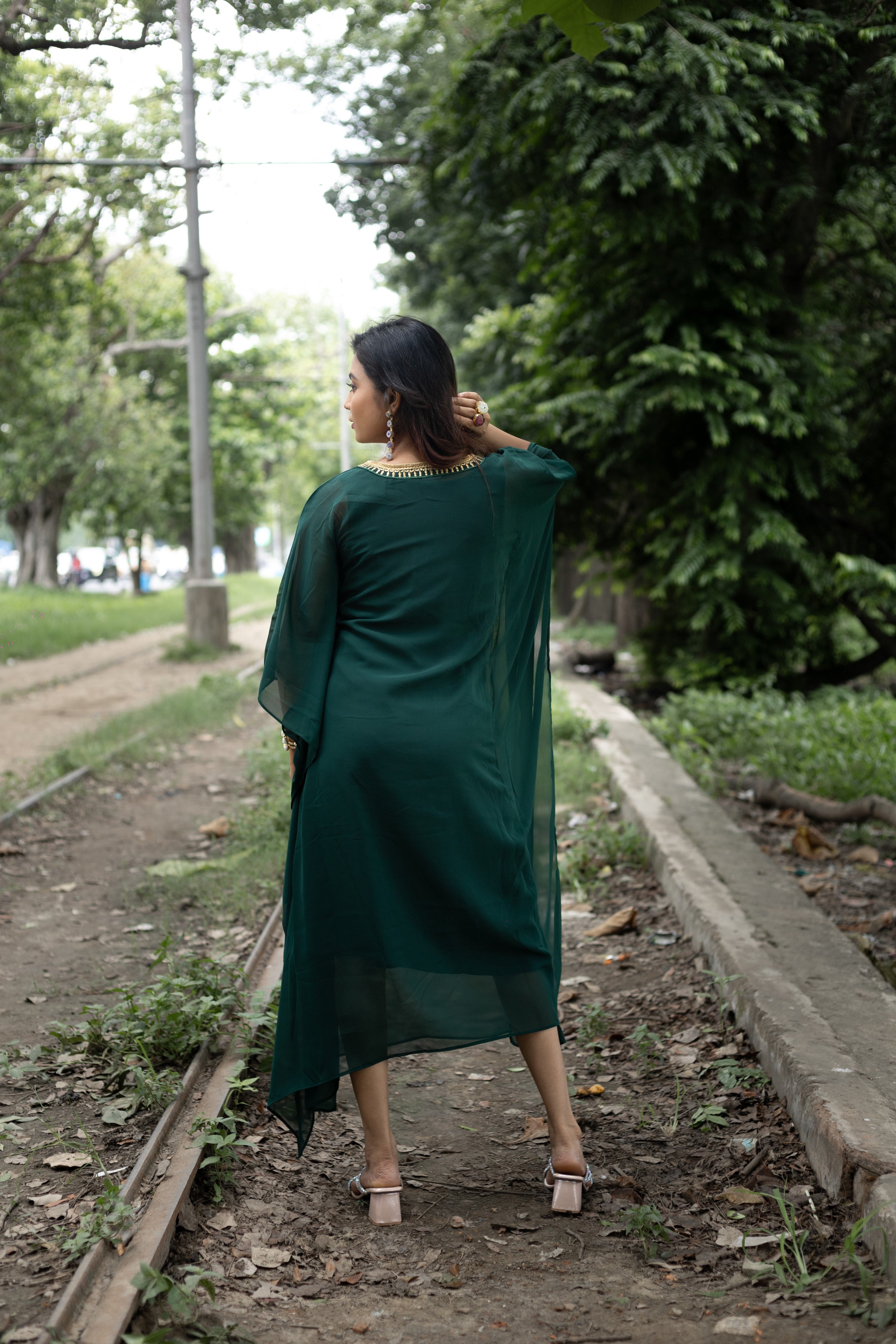 Women's Bottle Green Georgette Kaftan - Keya Seth Exclusive