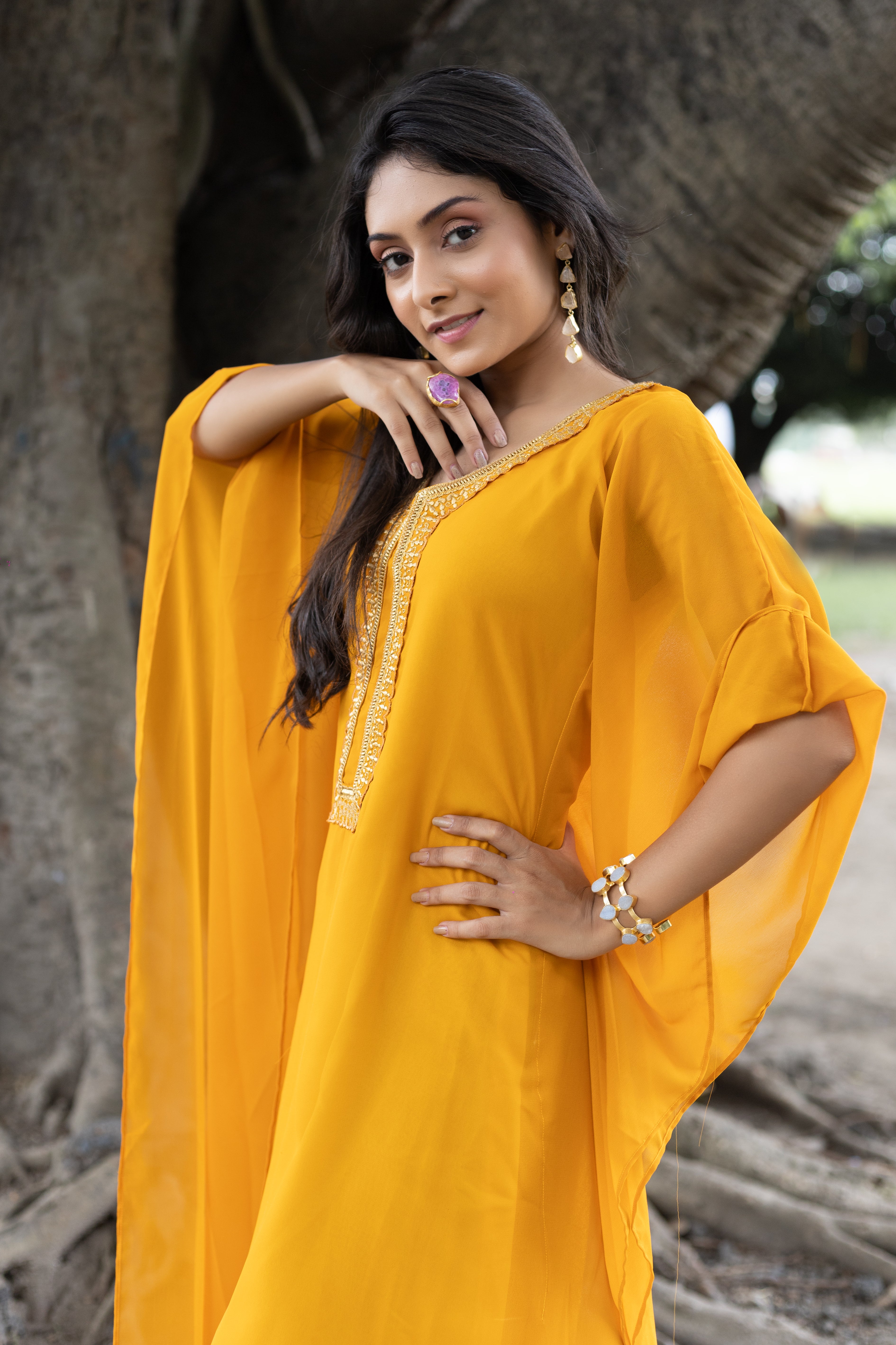Women's Mustard Yellow Georgette Kaftan - Keya Seth Exclusive