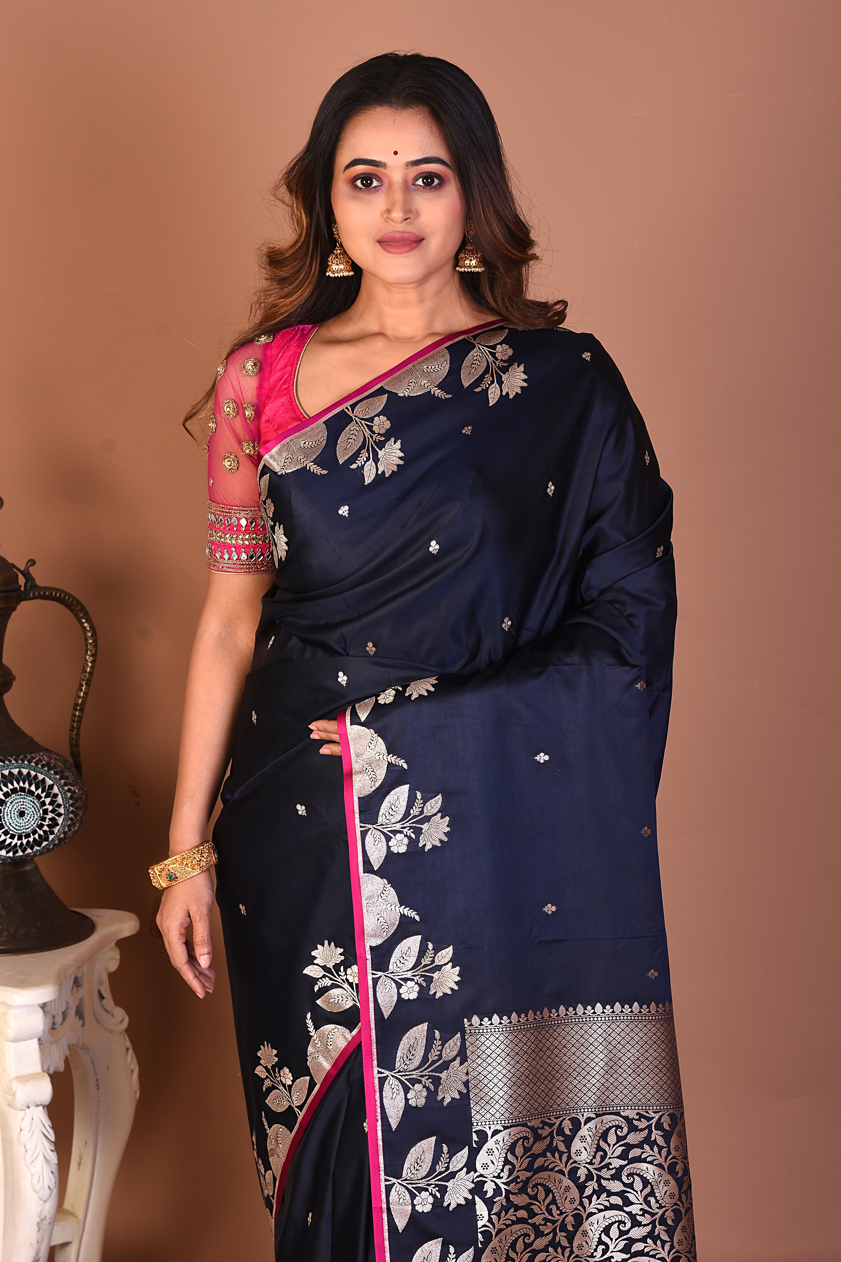 Navy Blue Blended Mashru Silk Saree - Keya Seth Exclusive