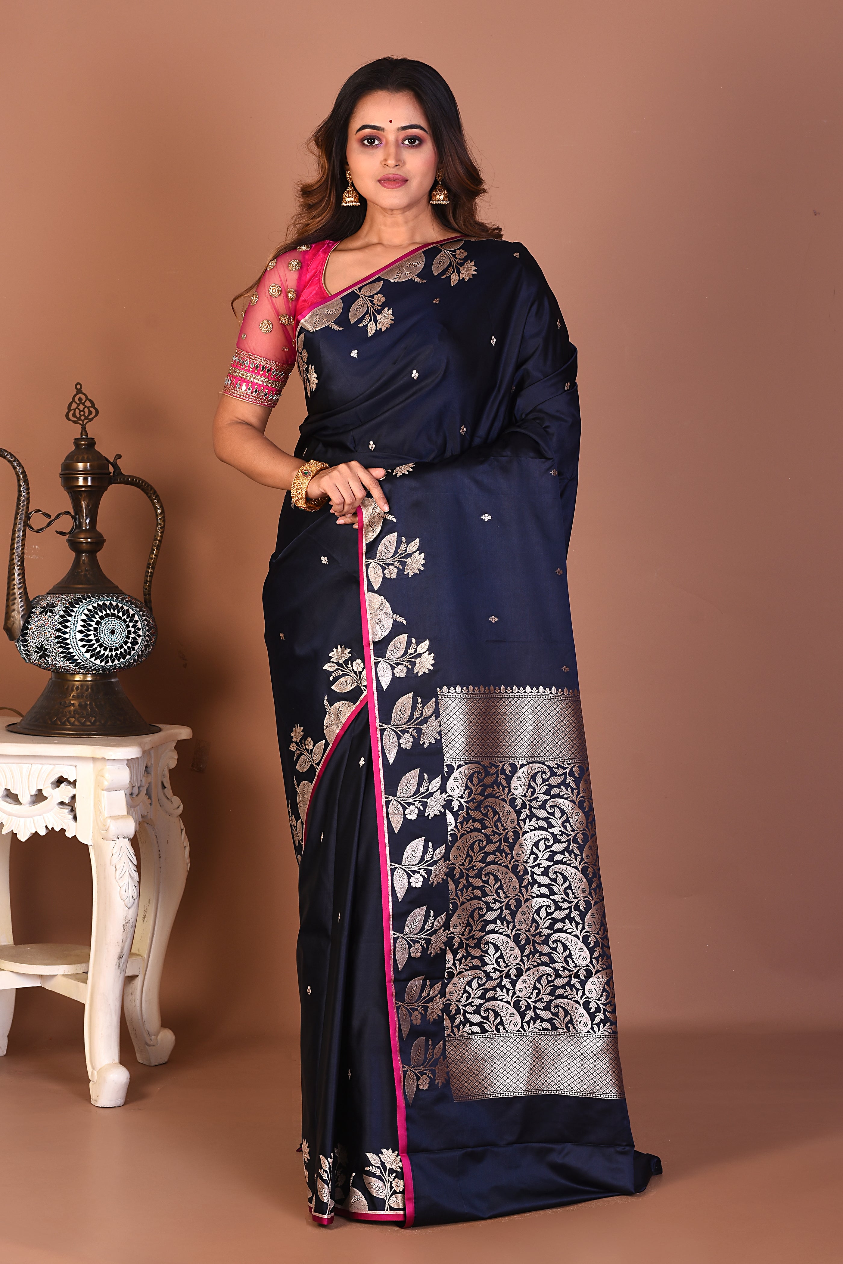 Navy Blue Blended Mashru Silk Saree - Keya Seth Exclusive