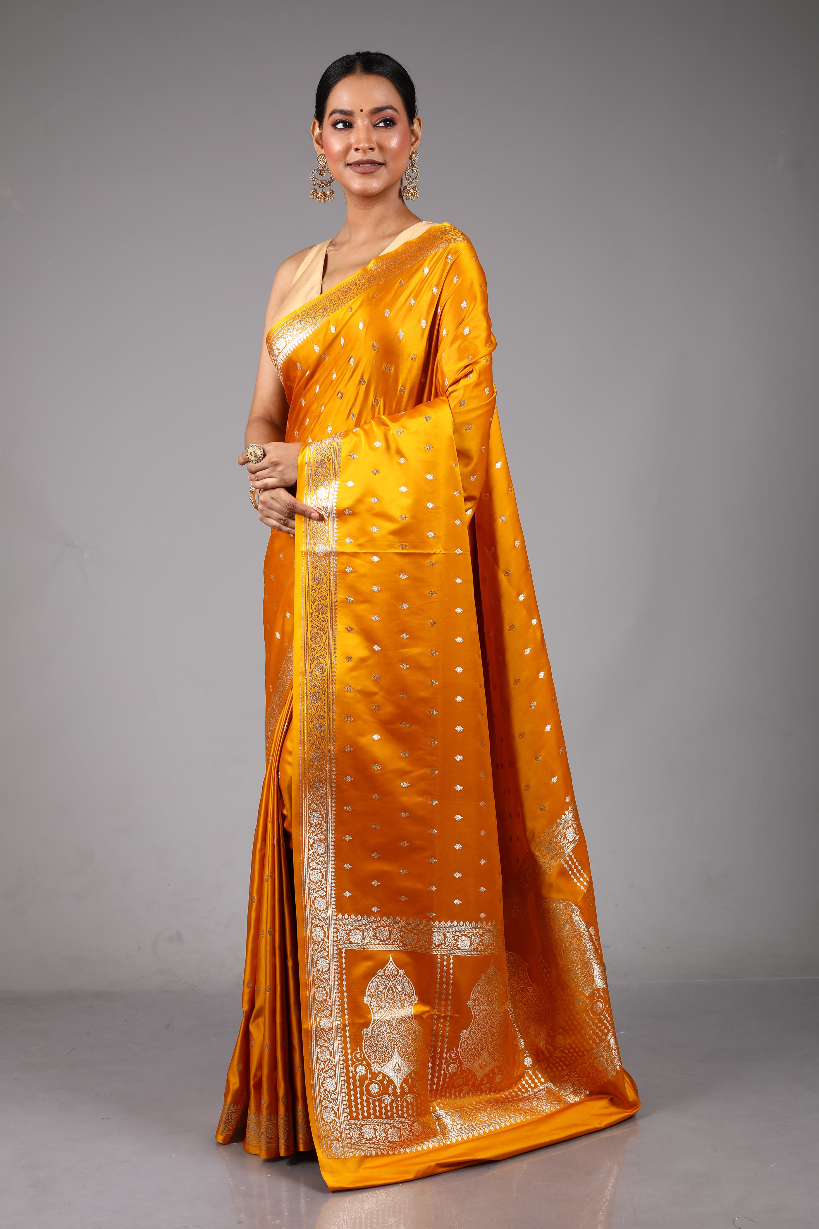 Yellow Blended Satin Silk Saree