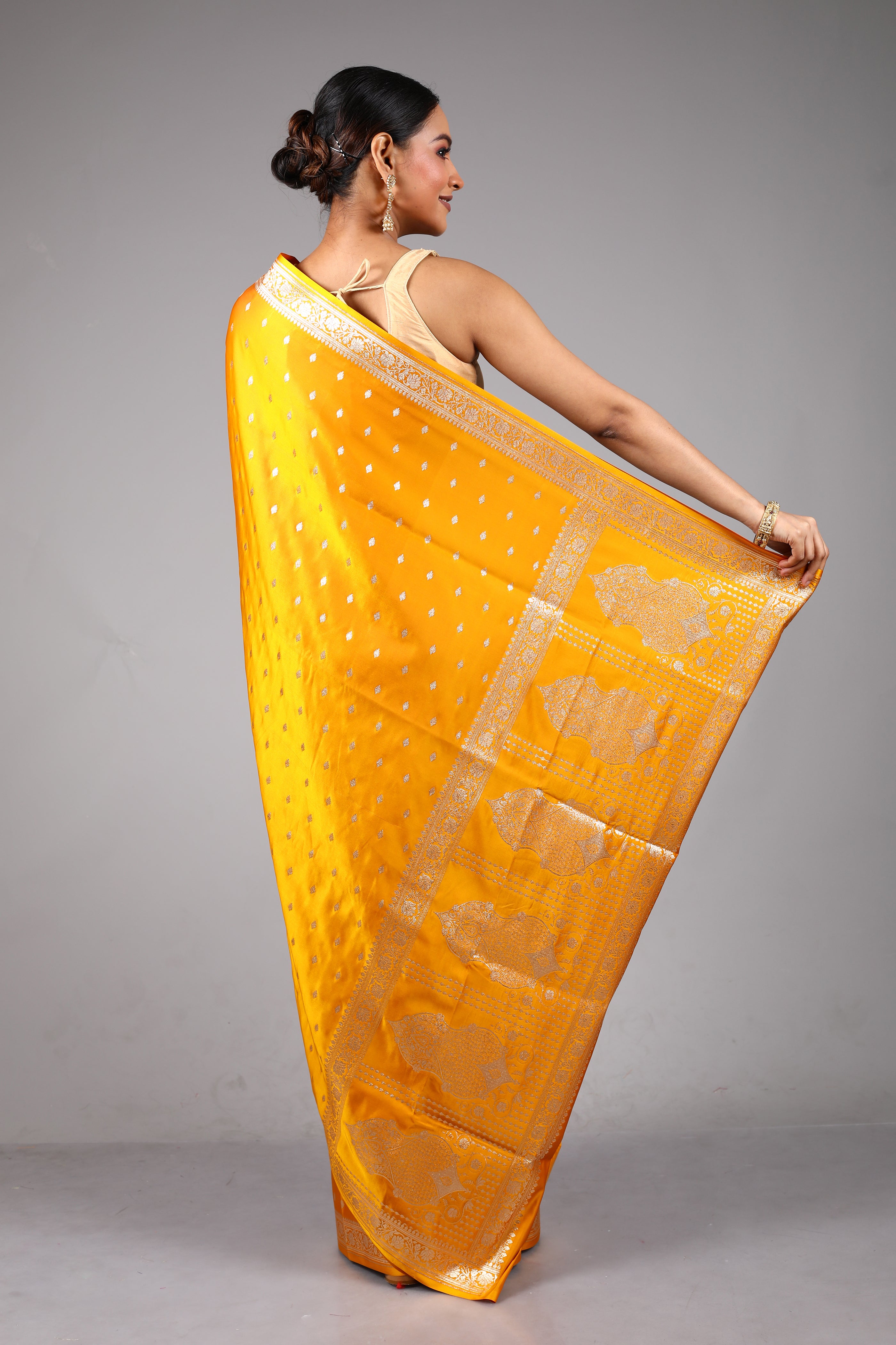Yellow Blended Satin Silk Saree