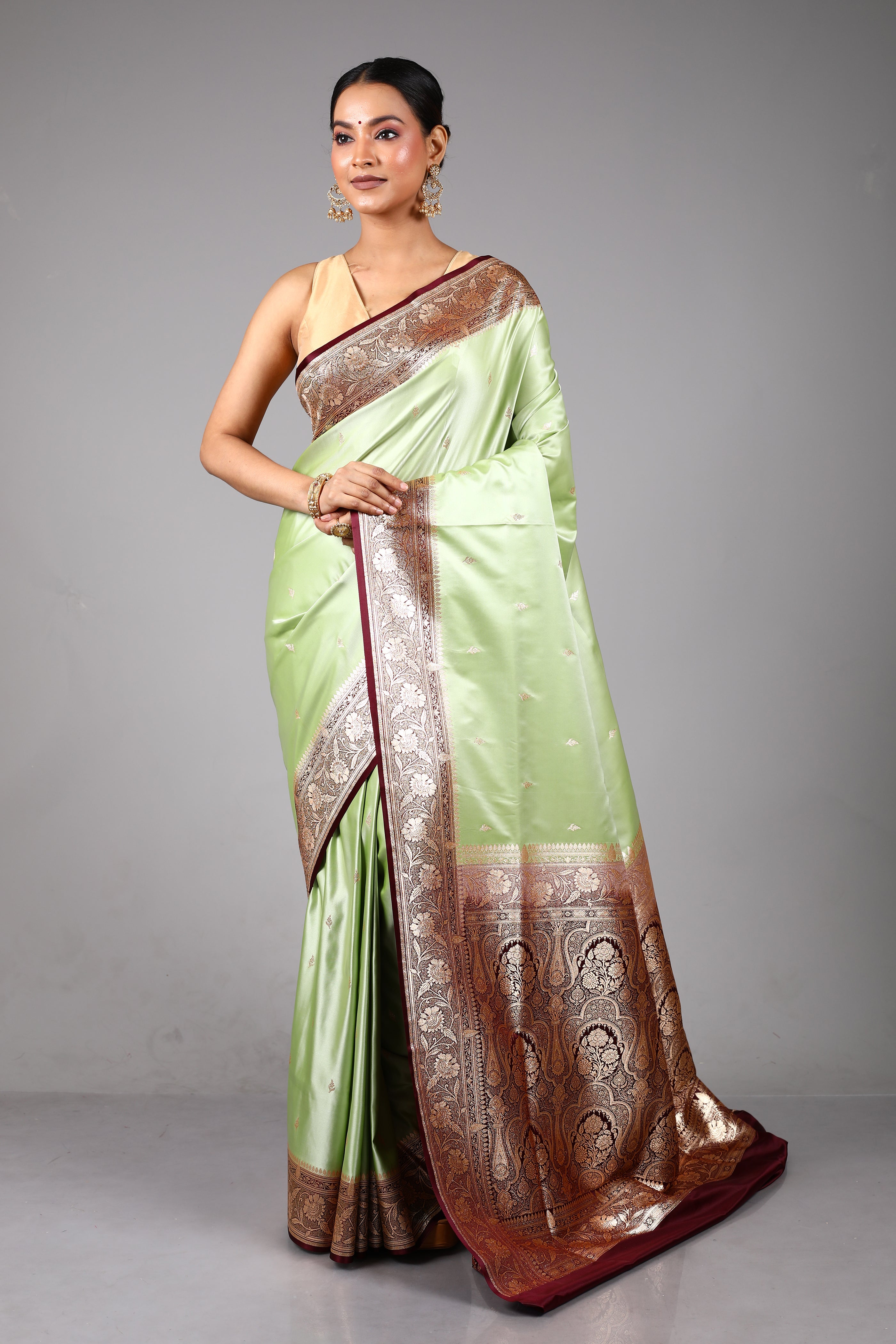 Pesta Green Satin Silk Saree