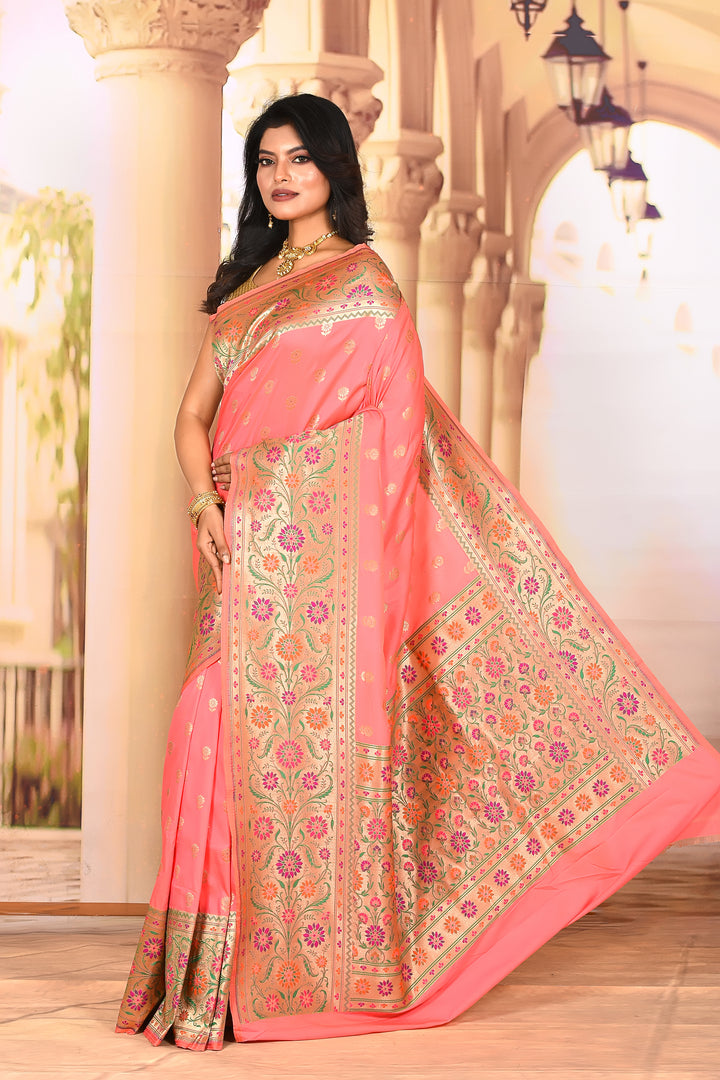 Bright Peach Designer Semi Silk Saree - Keya Seth Exclusive