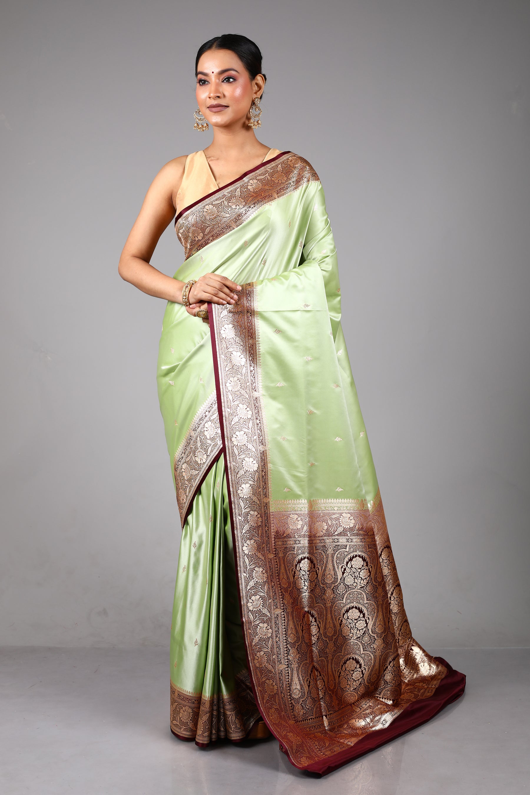 Pesta Green Satin Silk Saree