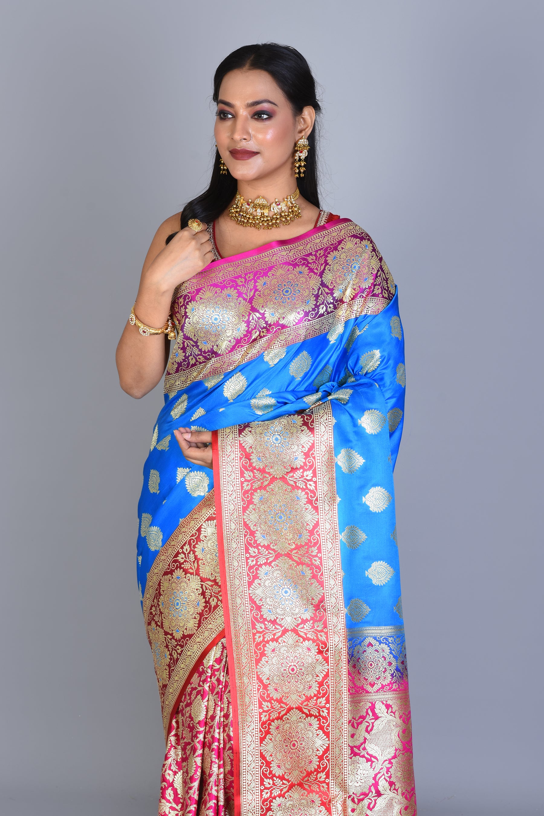 Blue Half & Half Banarasi Silk Saree with Blouse Piece - Keya Seth Exclusive