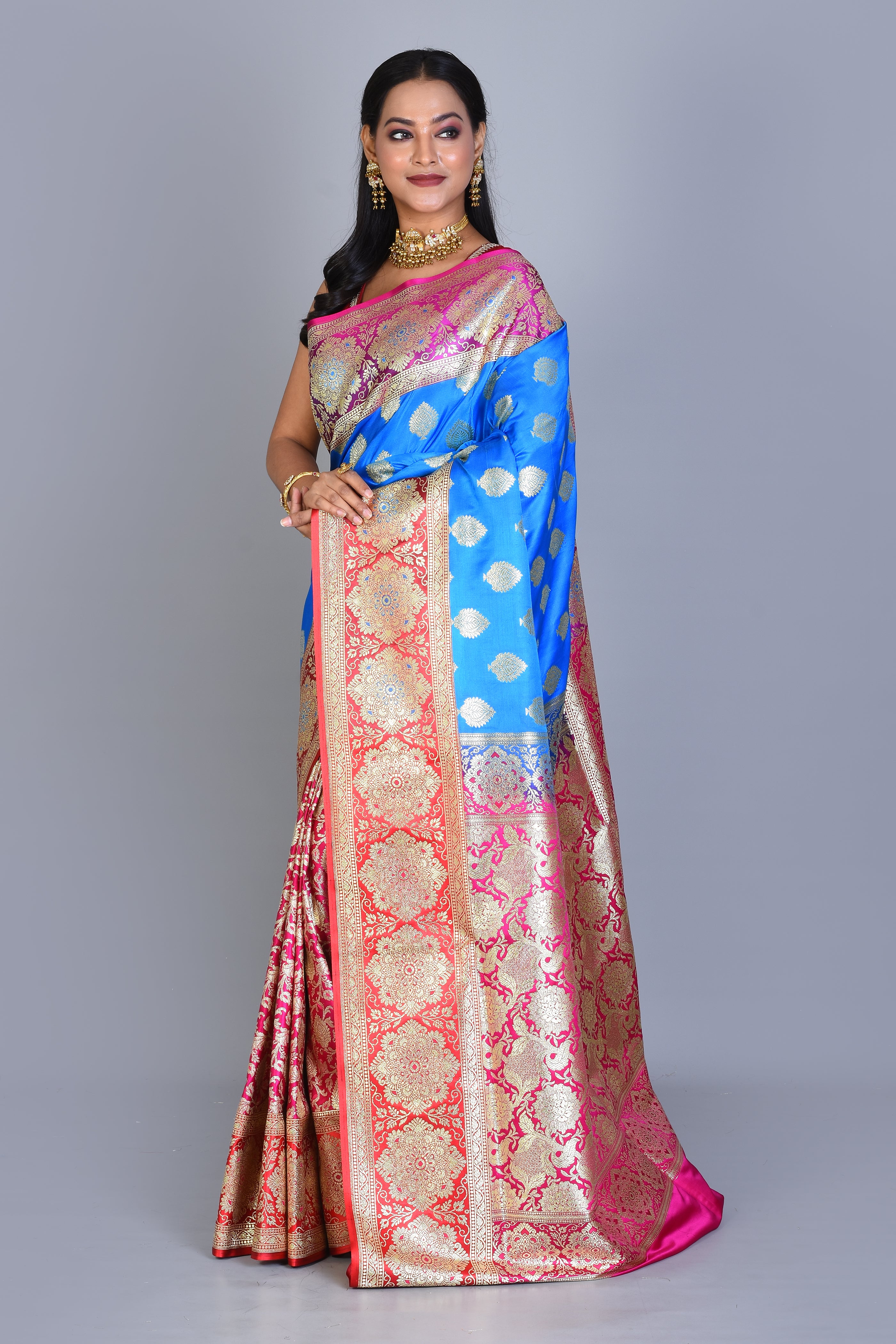 Blue Half & Half Banarasi Silk Saree with Blouse Piece - Keya Seth Exclusive