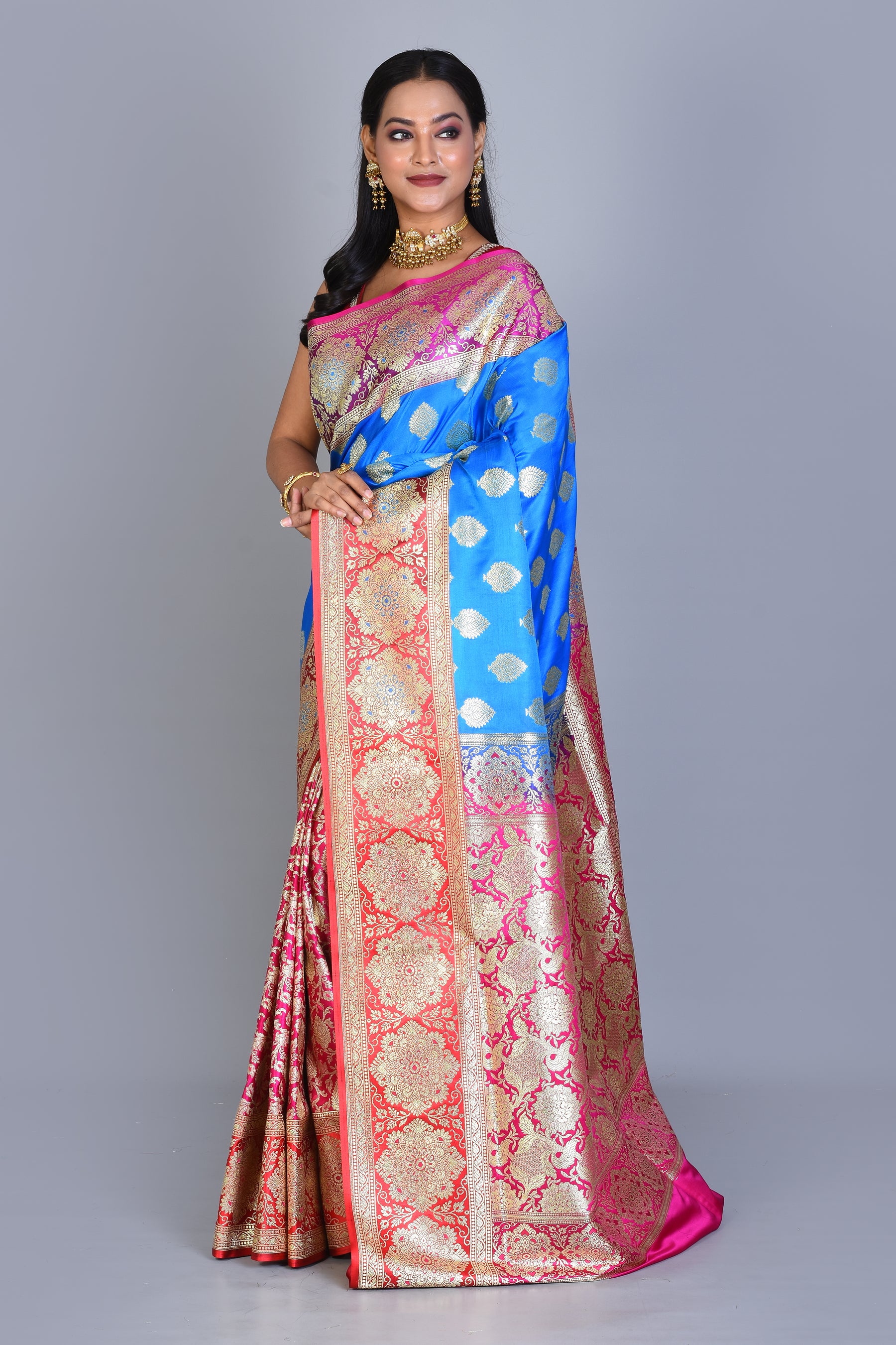 Blue Half & Half Banarasi Silk Saree with Blouse Piece - Keya Seth Exclusive