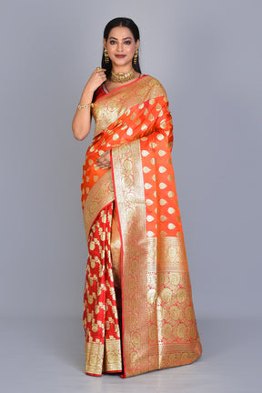 Mustard and Red Half & Half Banarasi Silk Saree with Blouse Piece - Keya Seth Exclusive