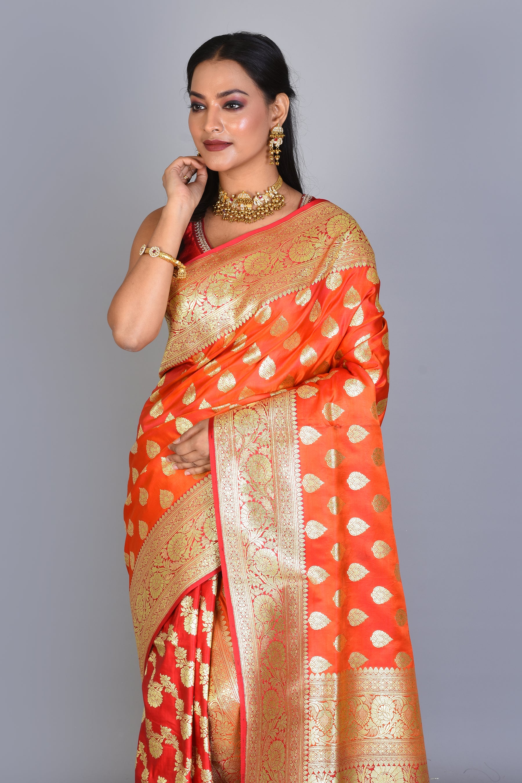 Mustard and Red Half & Half Banarasi Silk Saree with Blouse Piece - Keya Seth Exclusive