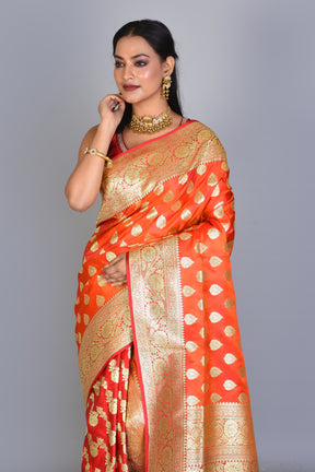 Mustard and Red Half & Half Banarasi Silk Saree with Blouse Piece - Keya Seth Exclusive