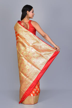 Mustard and Red Half & Half Banarasi Silk Saree with Blouse Piece - Keya Seth Exclusive