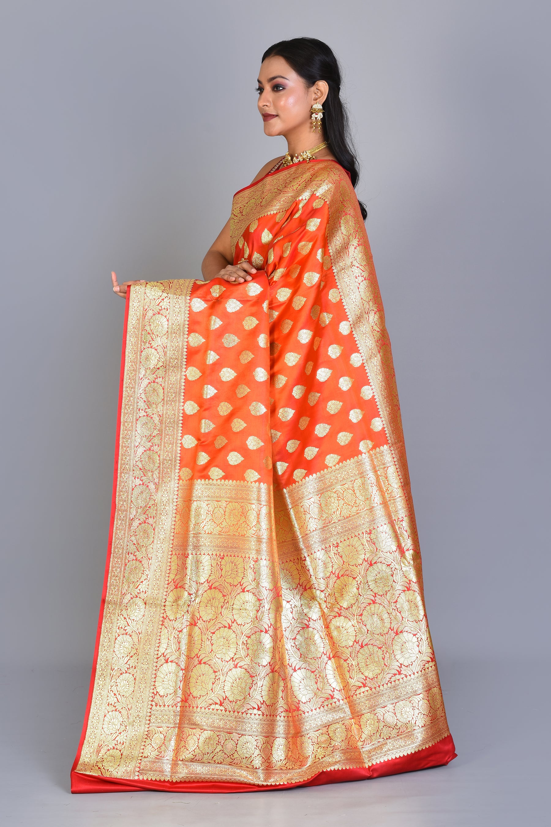 Mustard and Red Half & Half Banarasi Silk Saree with Blouse Piece - Keya Seth Exclusive