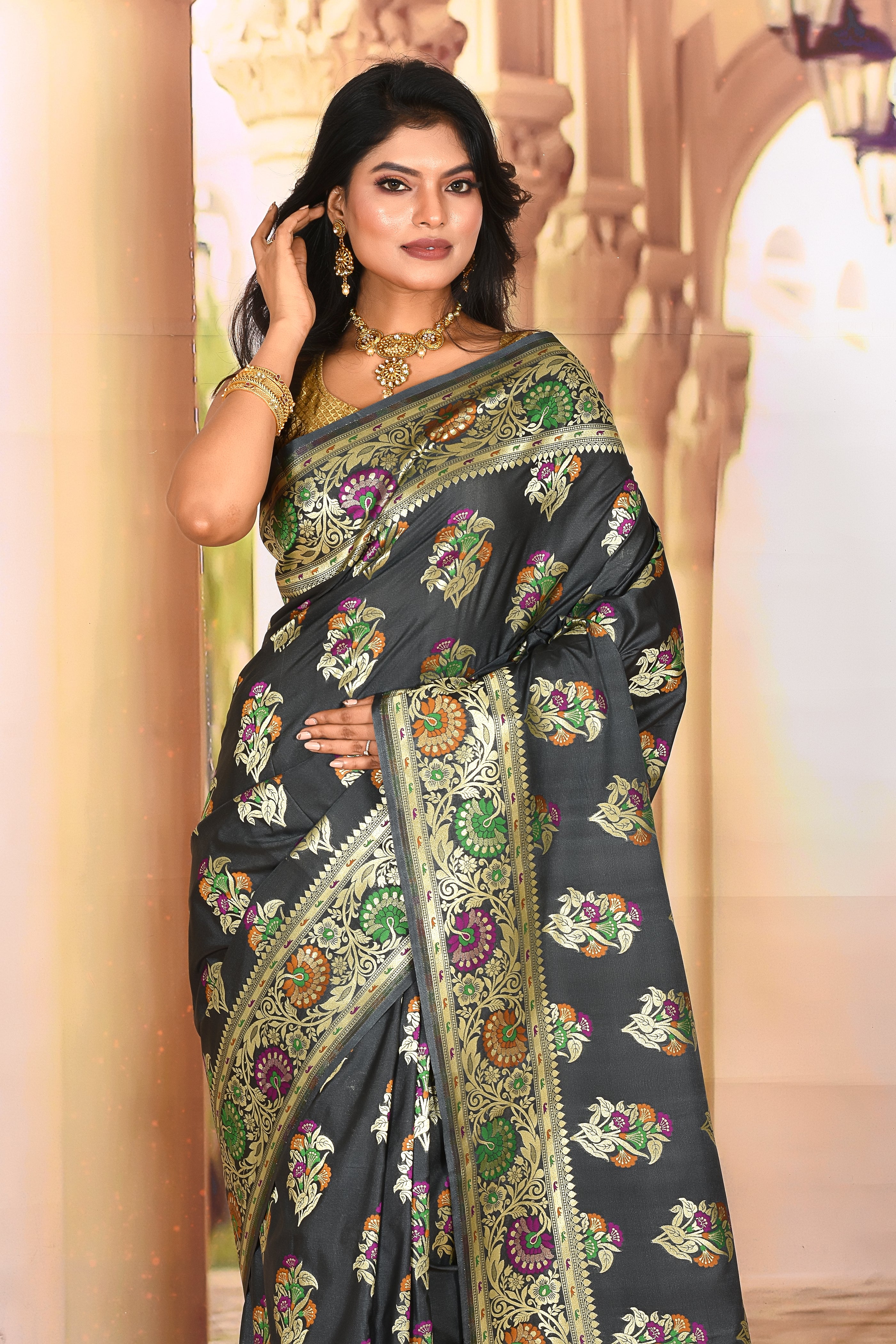 Designer Grey Semi Silk Saree - Keya Seth Exclusive