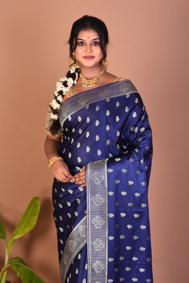 Navy Blue Blended Katan Saree - Keya Seth Exclusive