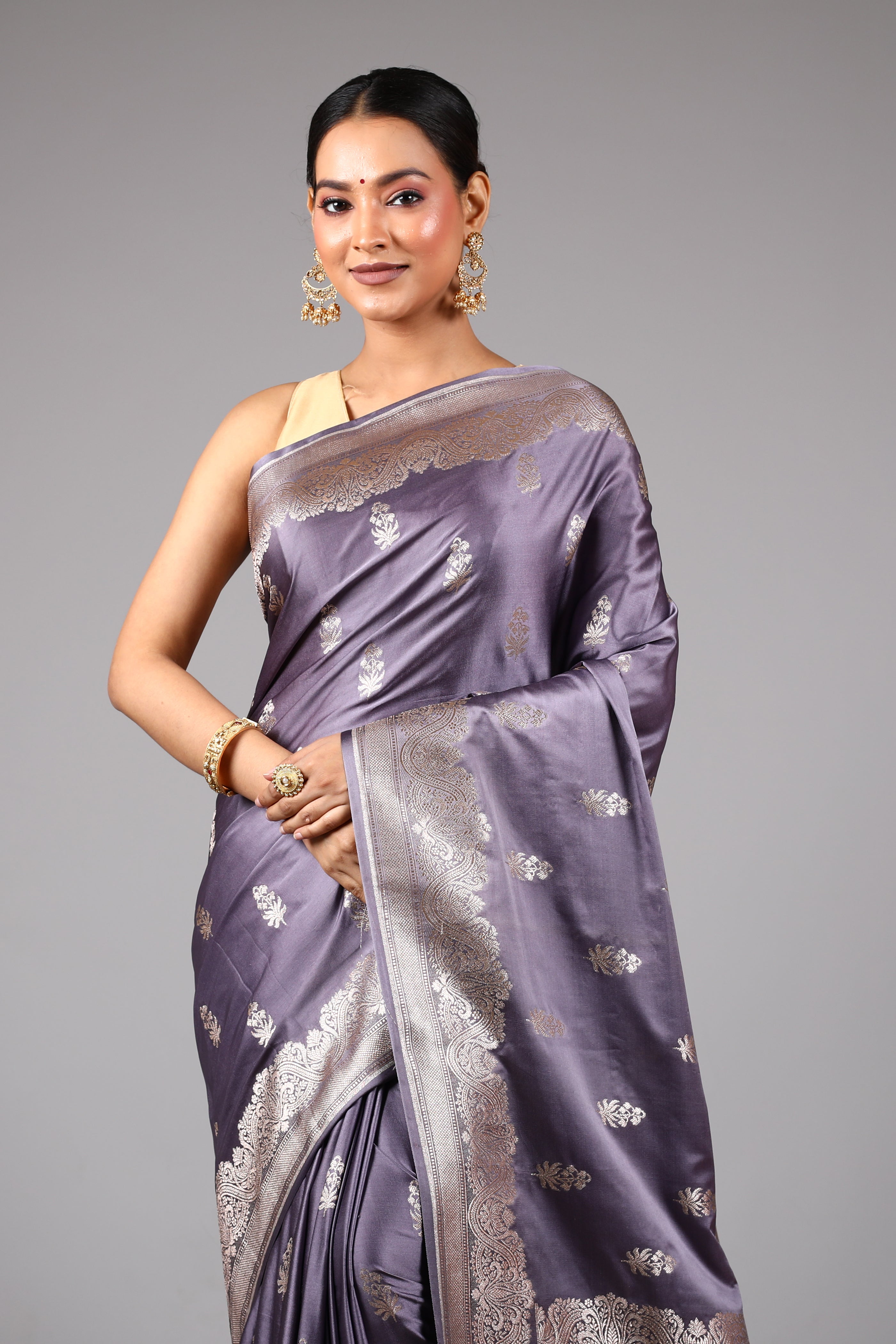 Grey Blended Satin Silk Saree