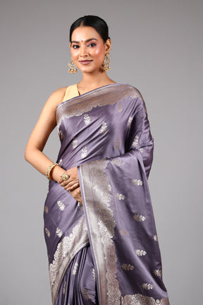 Grey Blended Satin Silk Saree