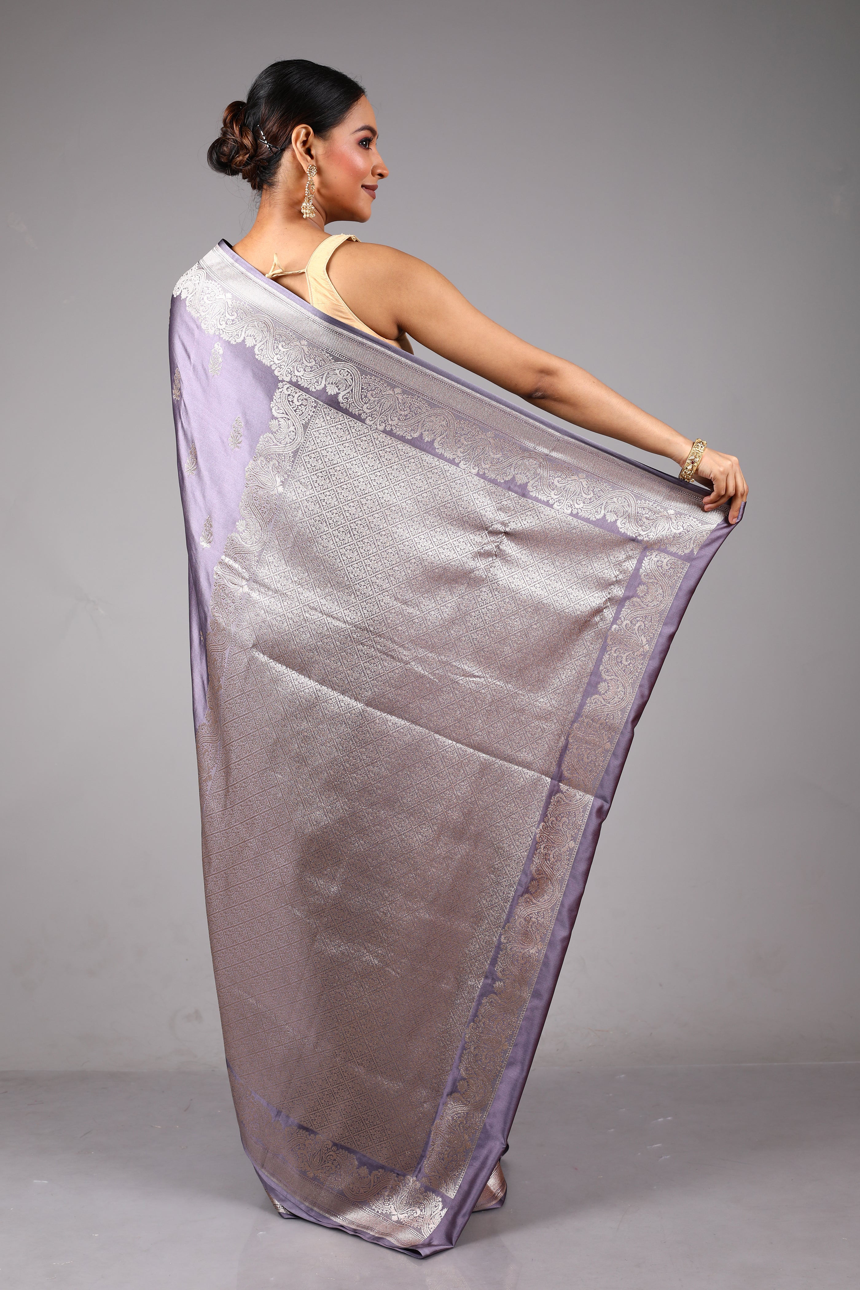 Grey Blended Satin Silk Saree