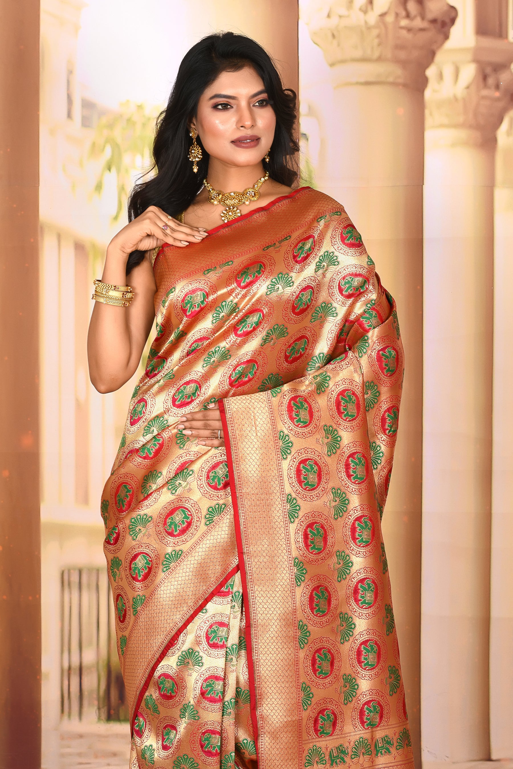 Elegant Red Golden Semi Silk Saree - Keya Seth Exclusive