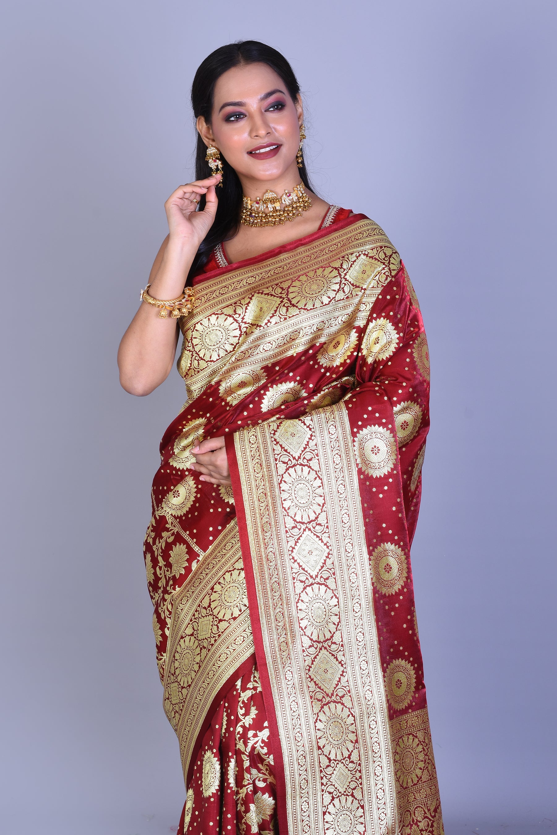 Maroon Banarasi Saree with Blouse Piece - Keya Seth Exclusive