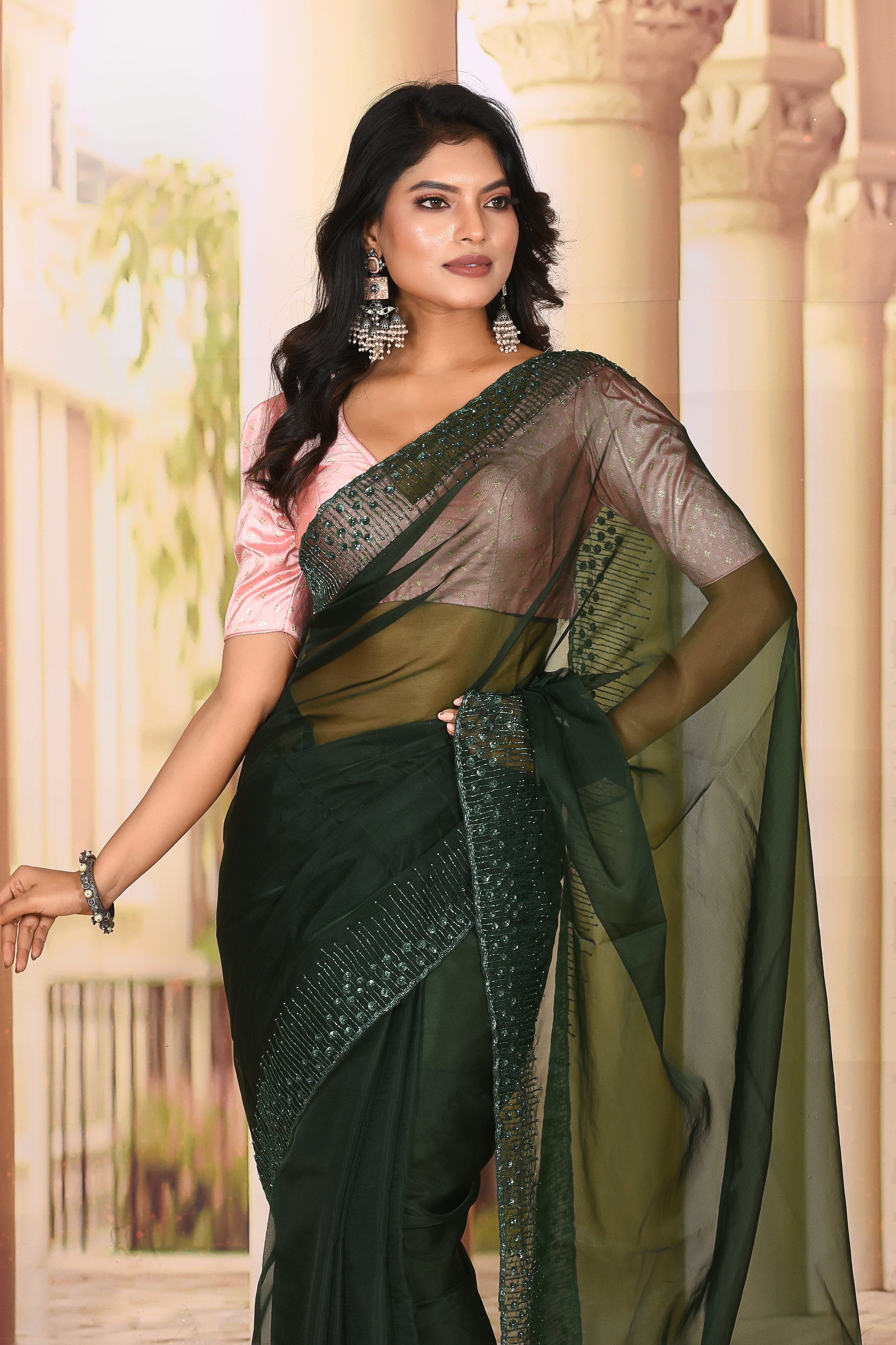 Dark Green Jimmy Choo Saree - Keya Seth Exclusive