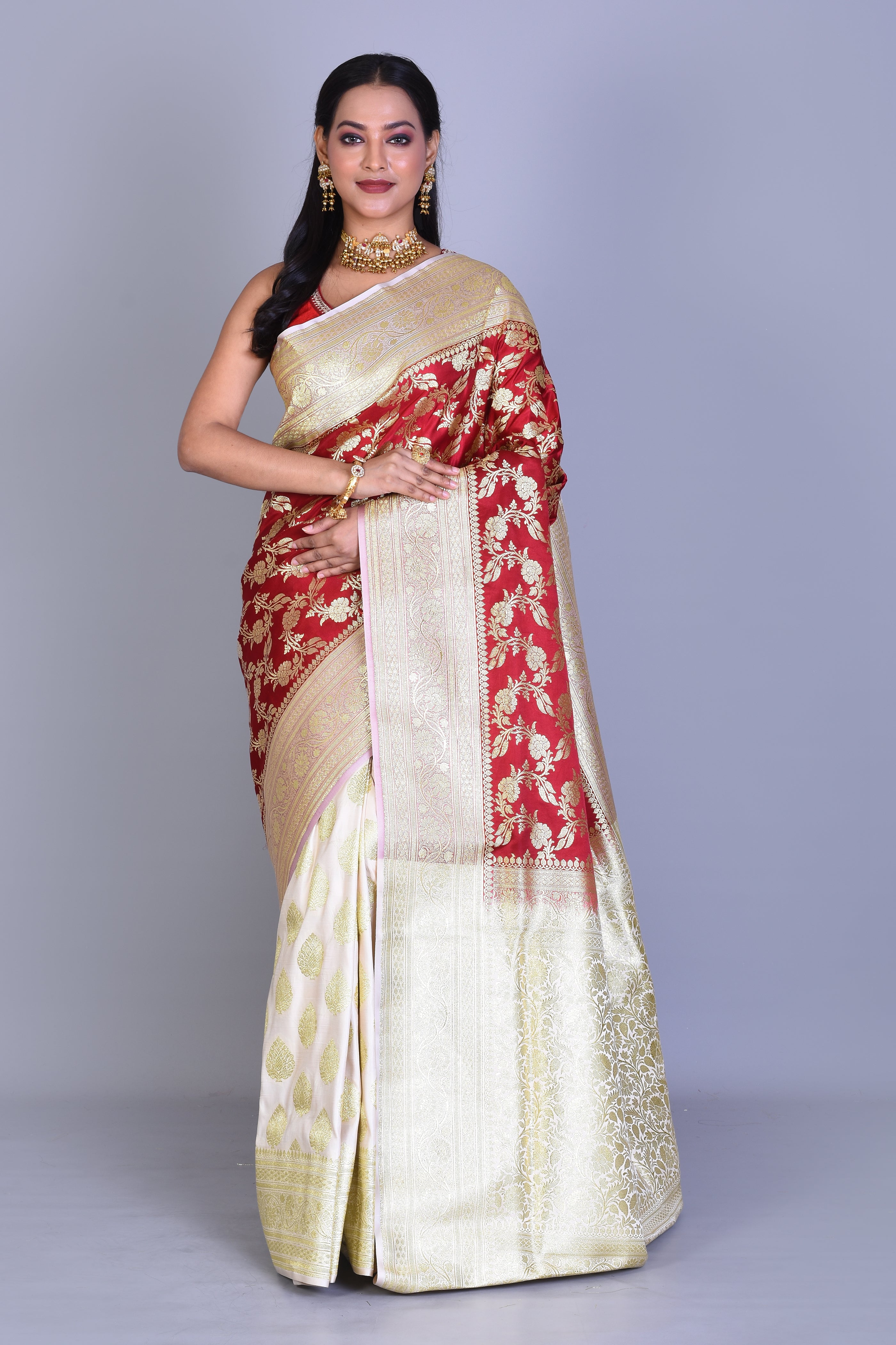 Red and White Half & Half Banarasi Saree with Blouse Piece - Keya Seth Exclusive