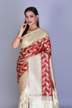 Red and White Half & Half Banarasi Saree with Blouse Piece - Keya Seth Exclusive