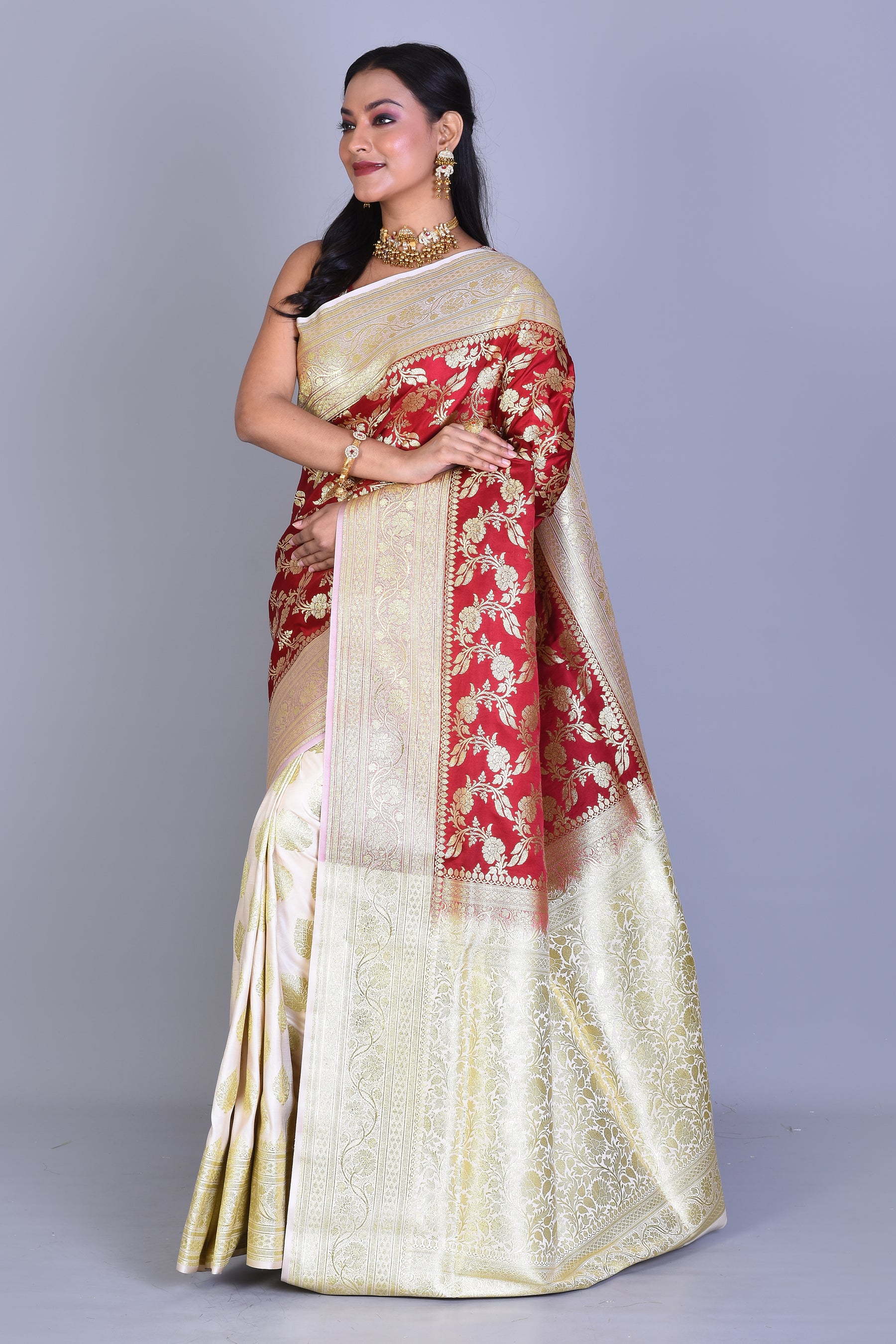 Red and White Half & Half Banarasi Saree with Blouse Piece - Keya Seth Exclusive