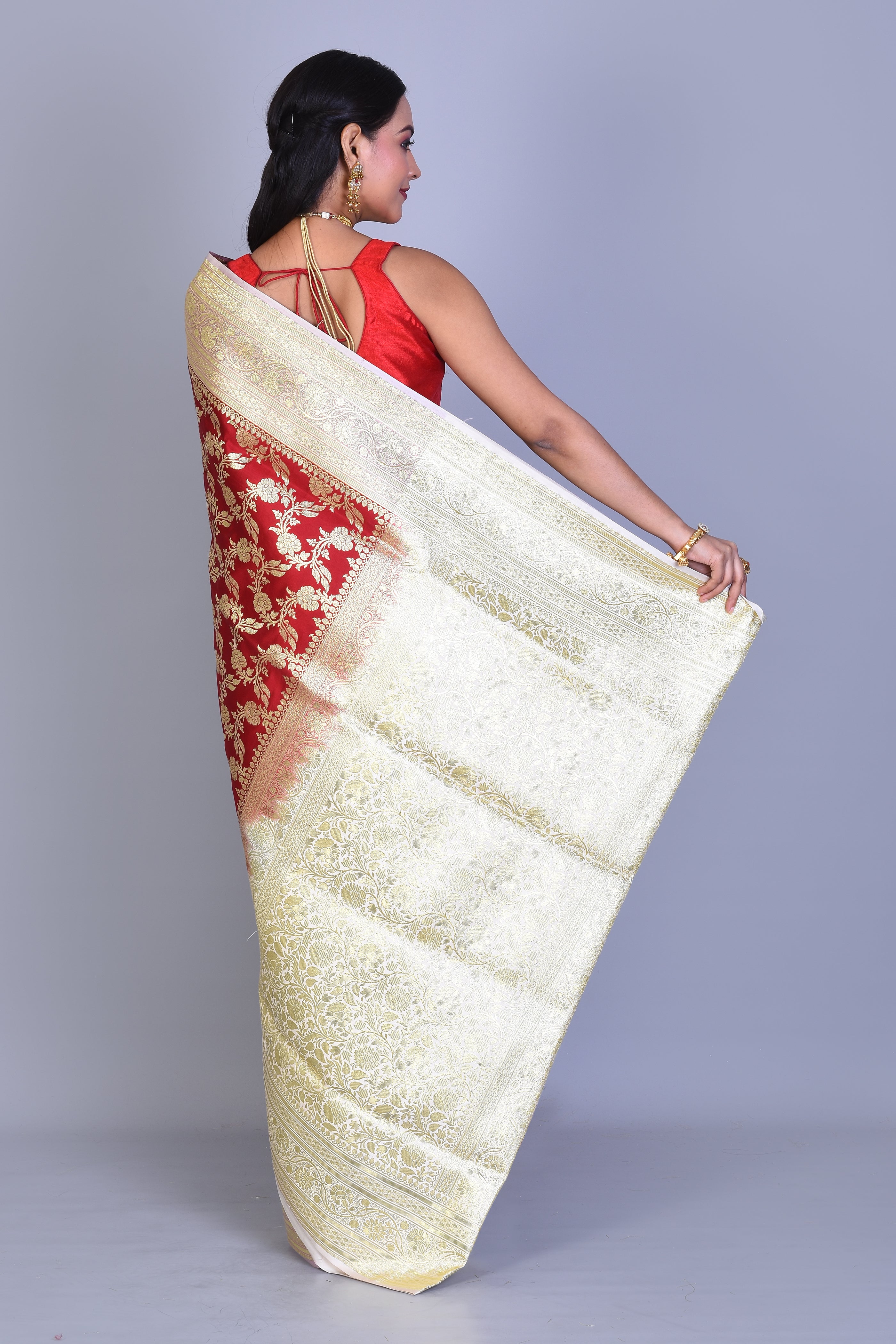 Red and White Half & Half Banarasi Saree with Blouse Piece - Keya Seth Exclusive