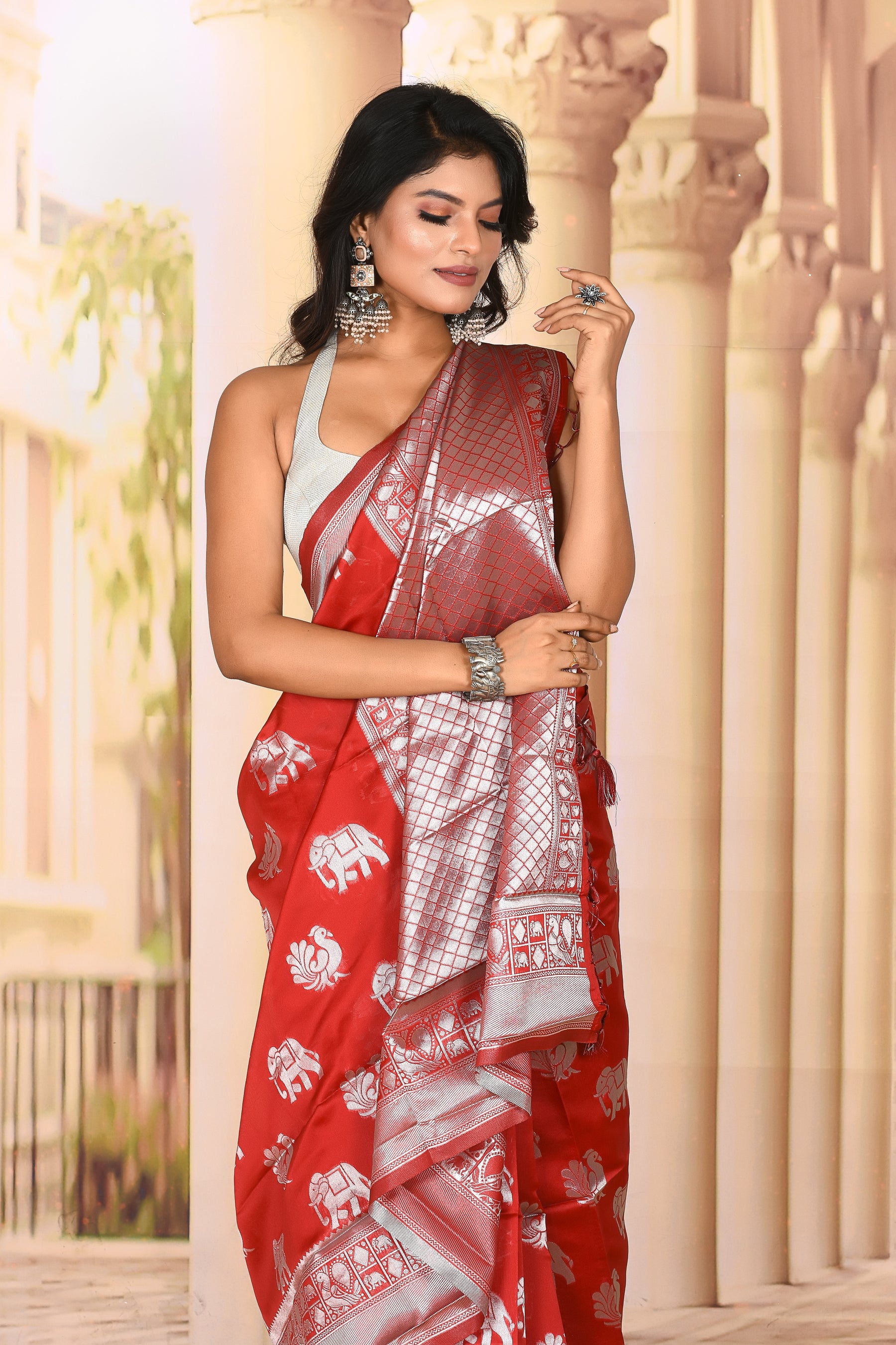 Graceful Red Silver Semi Silk Saree - Keya Seth Exclusive