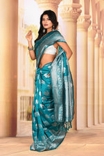 Load image into Gallery viewer, Graceful Cyan Silver Semi Silk Saree - Keya Seth Exclusive
