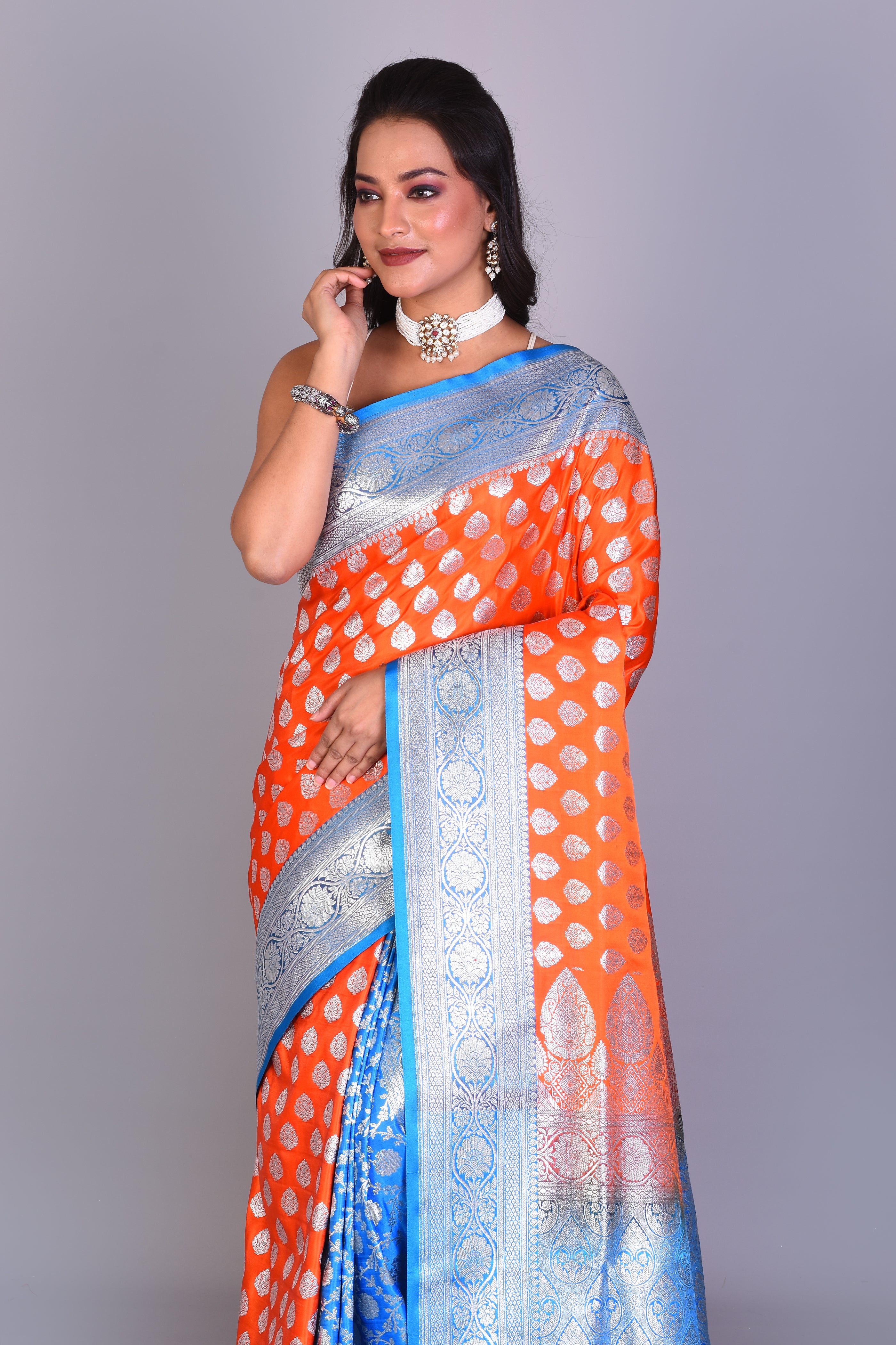 Orange Patli Pallu Banarasi Silk Saree with Blouse Piece - Keya Seth Exclusive