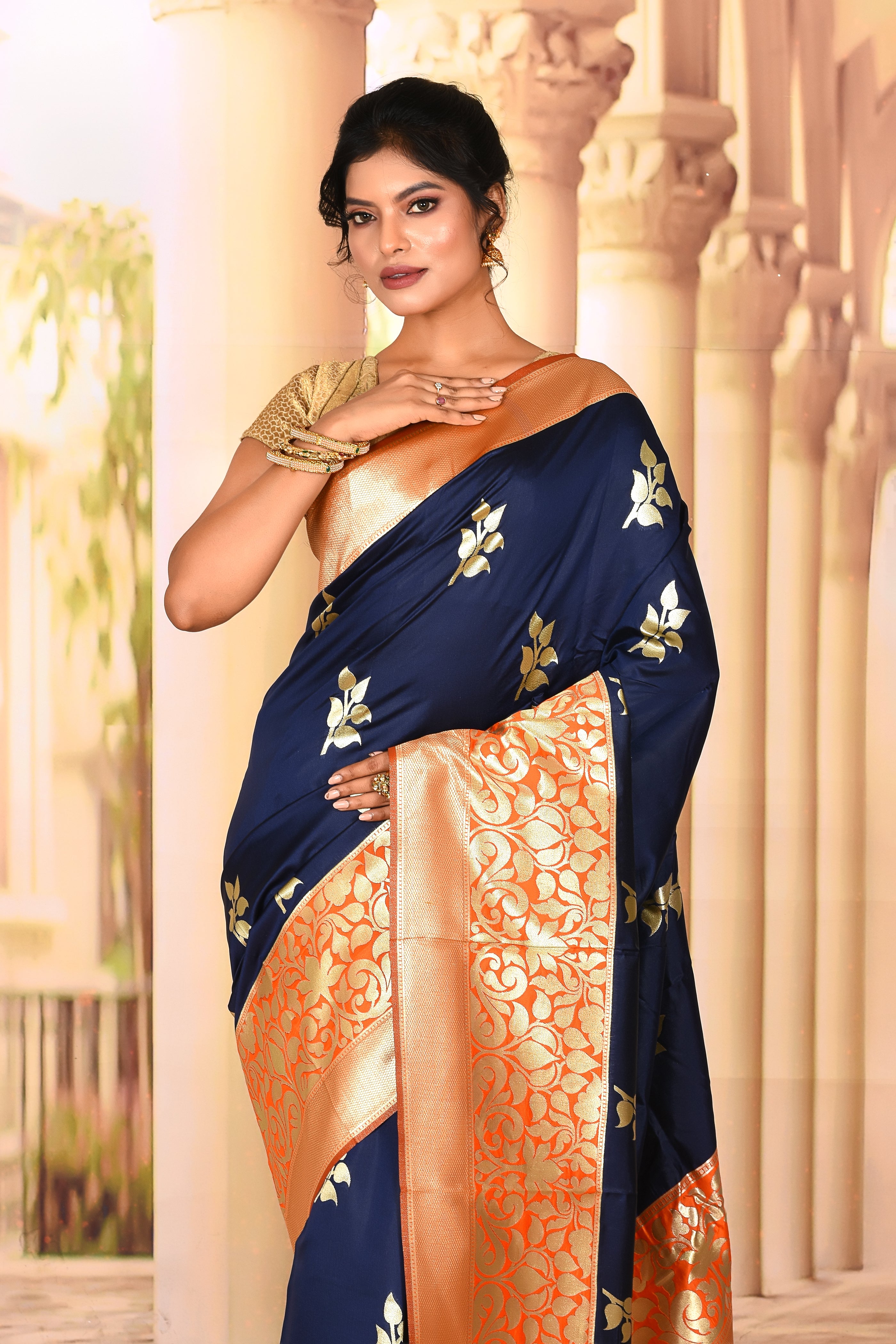 Deep Blue Orange Semi Silk Saree - Keya Seth Exclusive