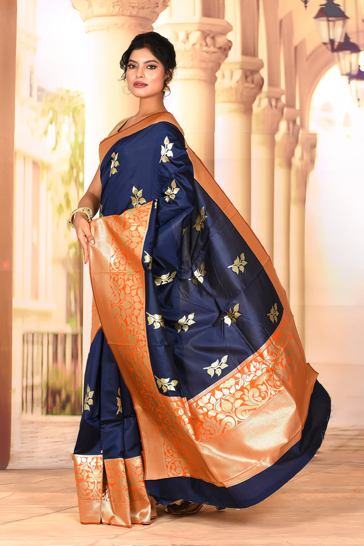 Deep Blue Orange Semi Silk Saree - Keya Seth Exclusive